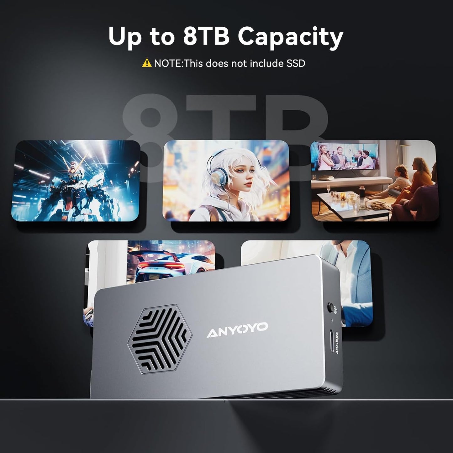 ANYOYO 40Gbps M.2 NVMe SSD Enclosure with Cooling Fan, Aluminium Alloy Enclosure Compatible with Thunderbolt 4/3/USB4, Support M/B+M Key SSD