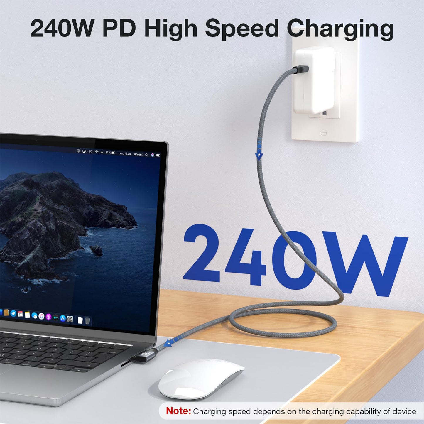 QCEs USB C Monitor Cable Right Angle 3.3FT Video Output to Portable Monitor 8K USB C 3.2 Gen 2x2 Video Cable 20Gbps Data Transfer, 240W PD Charging