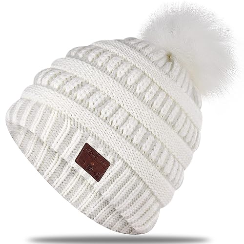 FashionLive Wireless Music Beanie Women Beanie Girls Hat Over Ear Headset Sports Stereo Headphone with Microphone Speaker Womens Beanie Cap Snow White