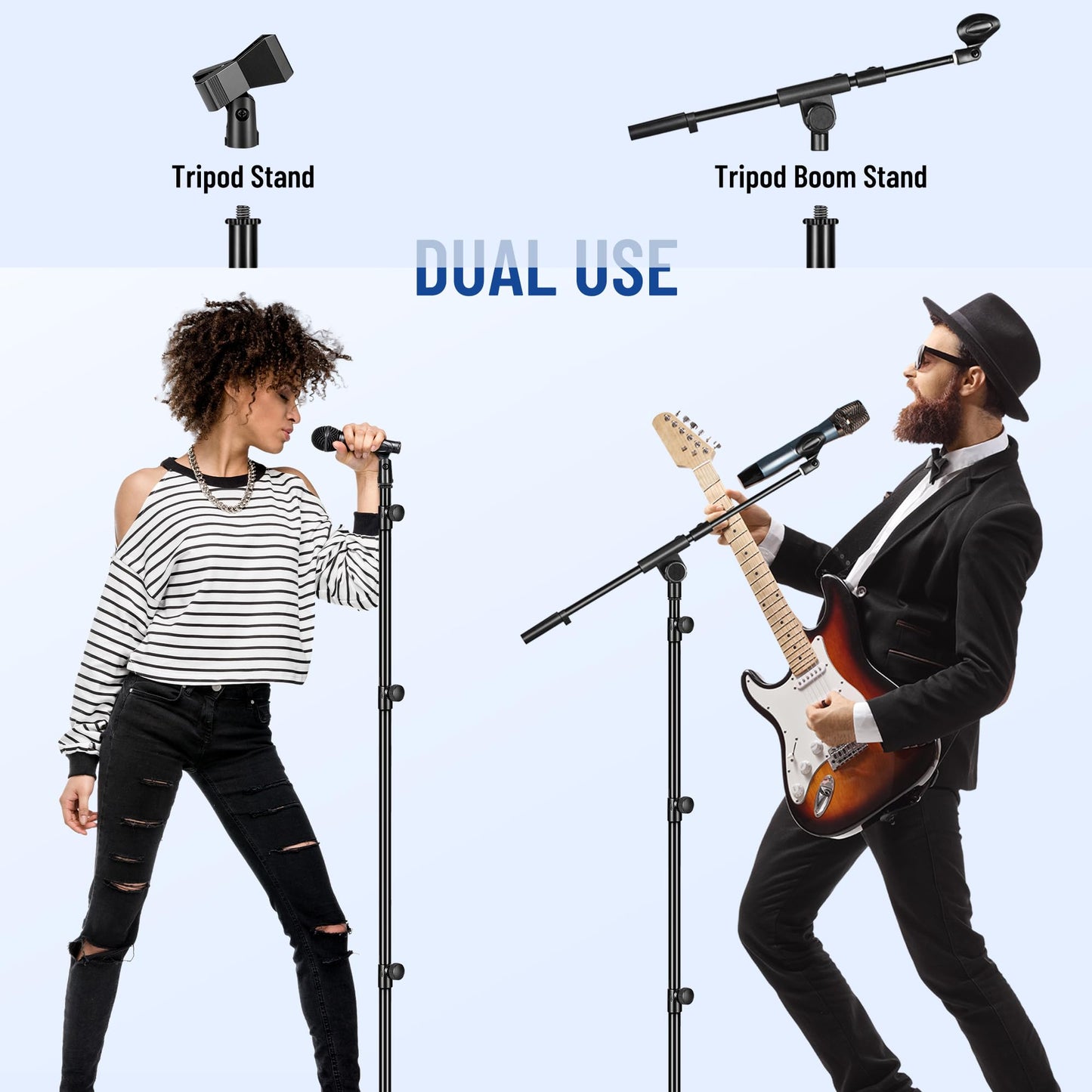 CAHAYA Mic Stand Floor Adjustable - Tripod Boom Arm Microphone Stand with Carrying Bag 2 Mic Clips 3/8" to 5/8" Adapter for Singing Podcast Compatible