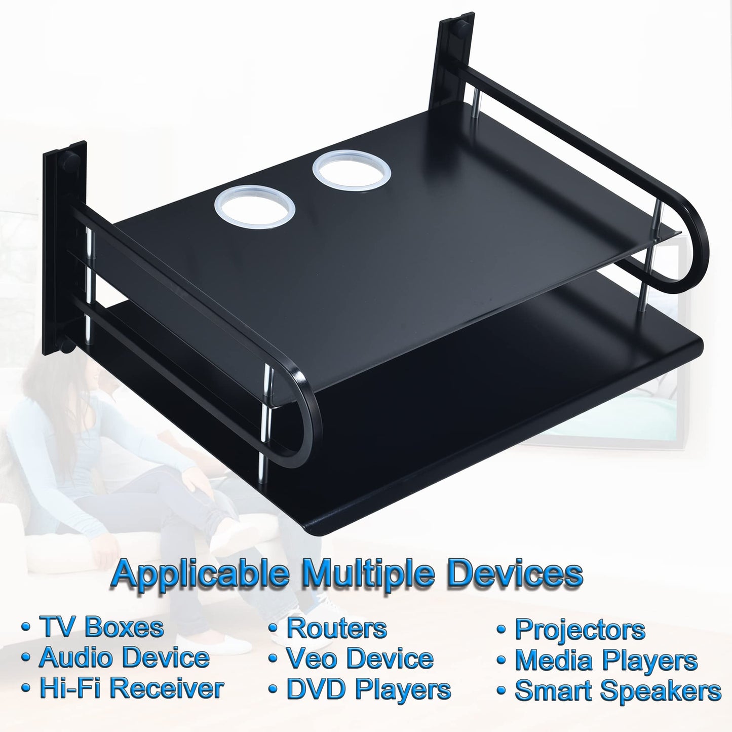 HNVNER Universal Media Shelf with Cable Holes for Entertainment 2-Tier Metal Floating Wall Shelves for Media Such as Router, Modem, Remote, Cable