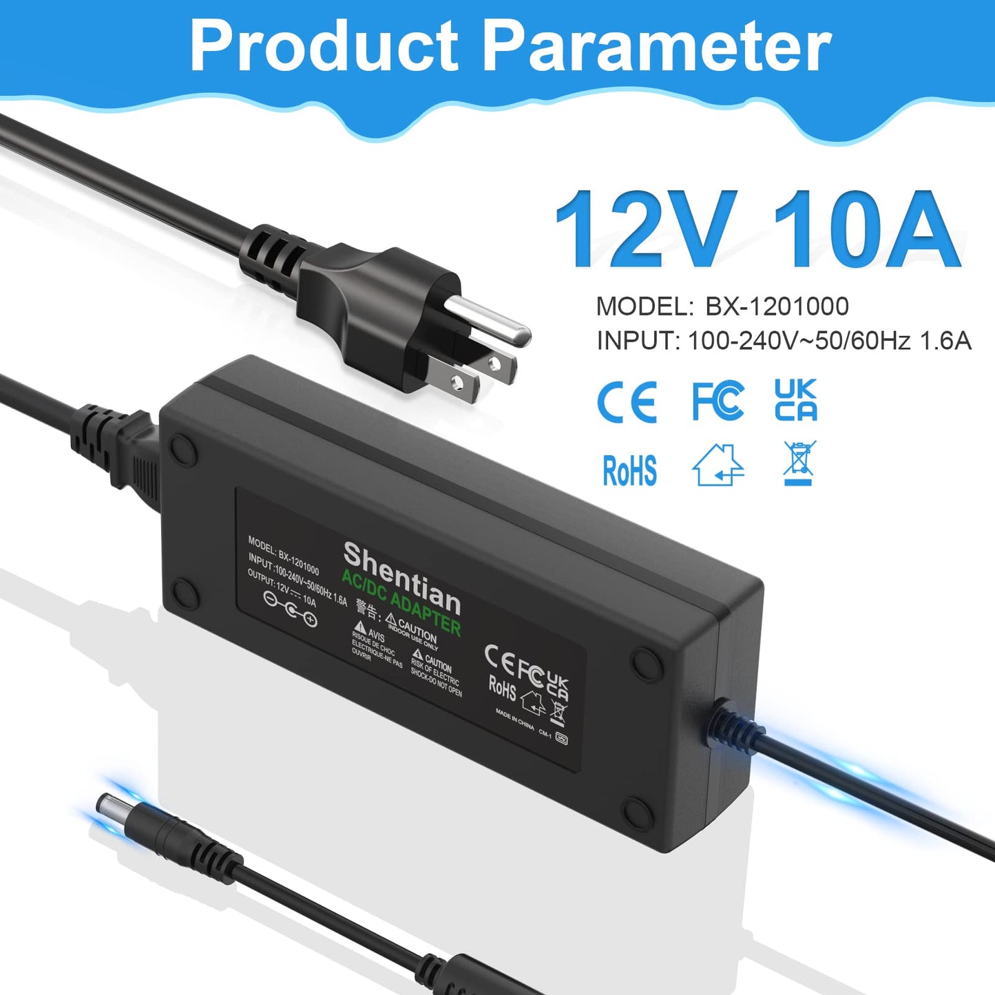 Shentian 100-240V Main to 12V Charger Socket,AC/DC Converter,Power Adapter (12V/10A)