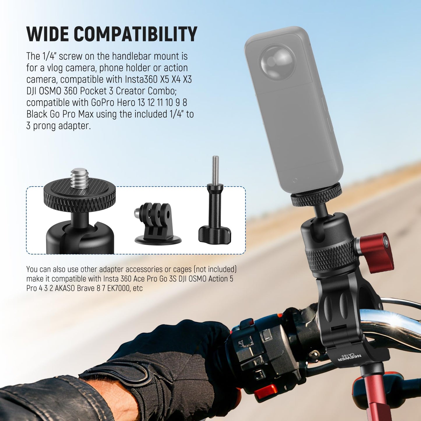 NEEWER Motorcycle Bike Handlebar Mount Compatible with GoPro DJI Osmo Action Cameras, Handle Bar Pole Clamp Holder with 360° Rotation for POV Video