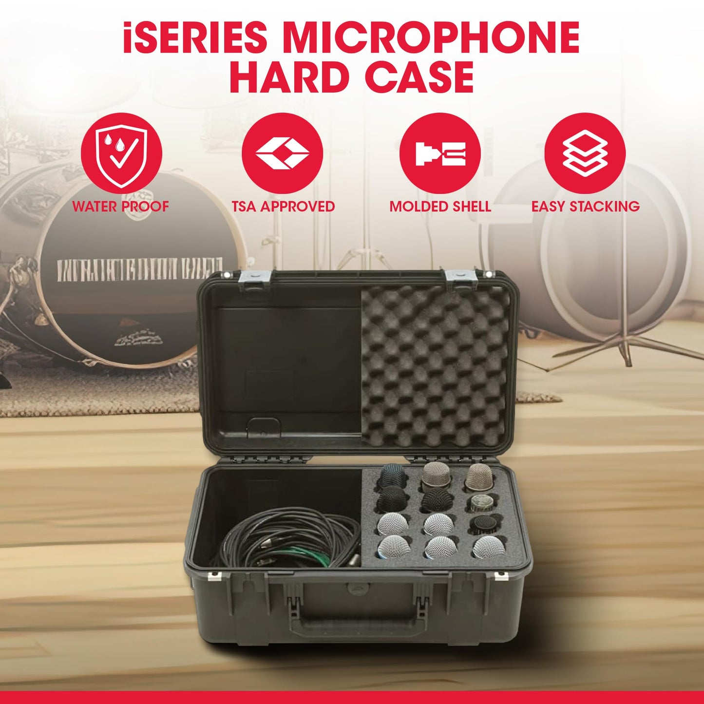 SKB iSeries Microphone Hard Case, Waterproof Polypropylene Shell with 12-Slot Foam Interior and Cable Storage for Mic System Protection