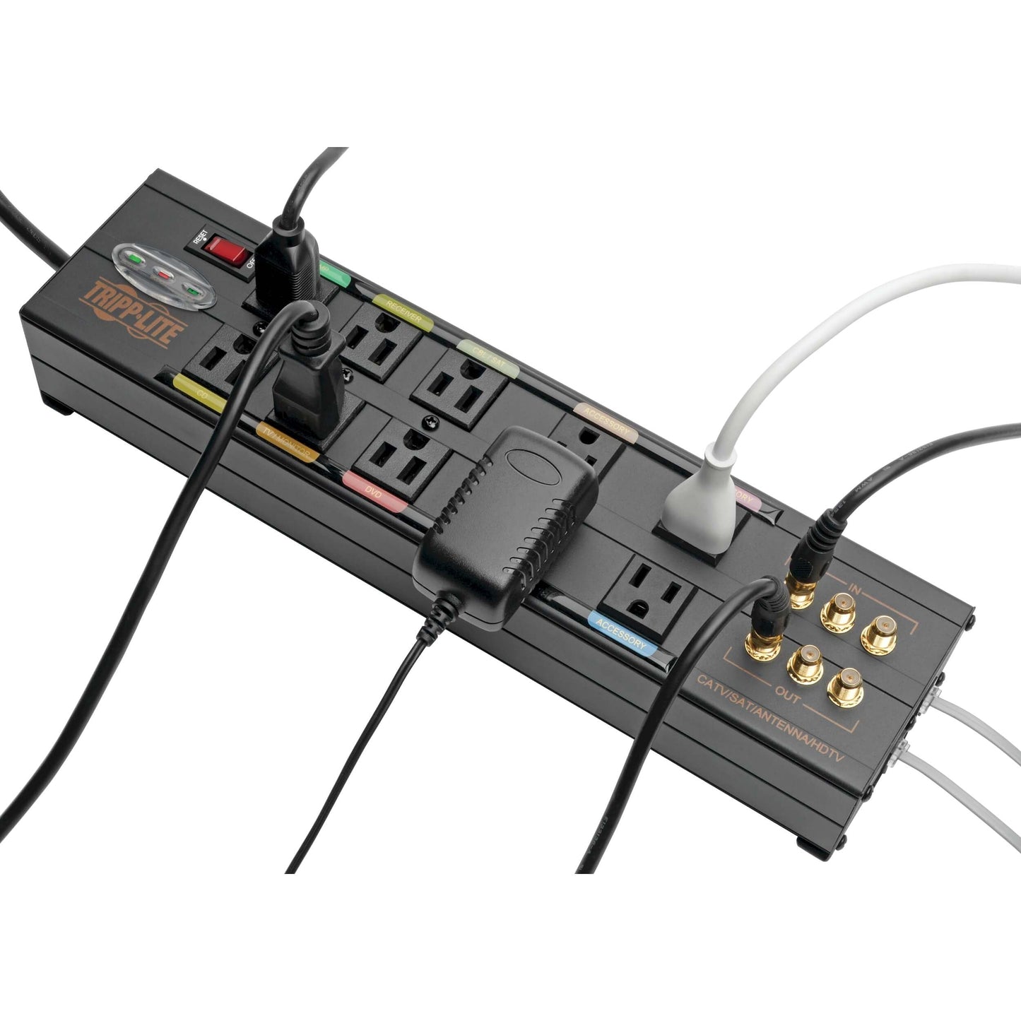 Tripp Lite Isobar 10 Outlet Audio/Video Surge Protector Tel/Modem/Coax/Network 8ft Cord Right Angle Plug, & $500,000 Insurance (HT10DBS) Black