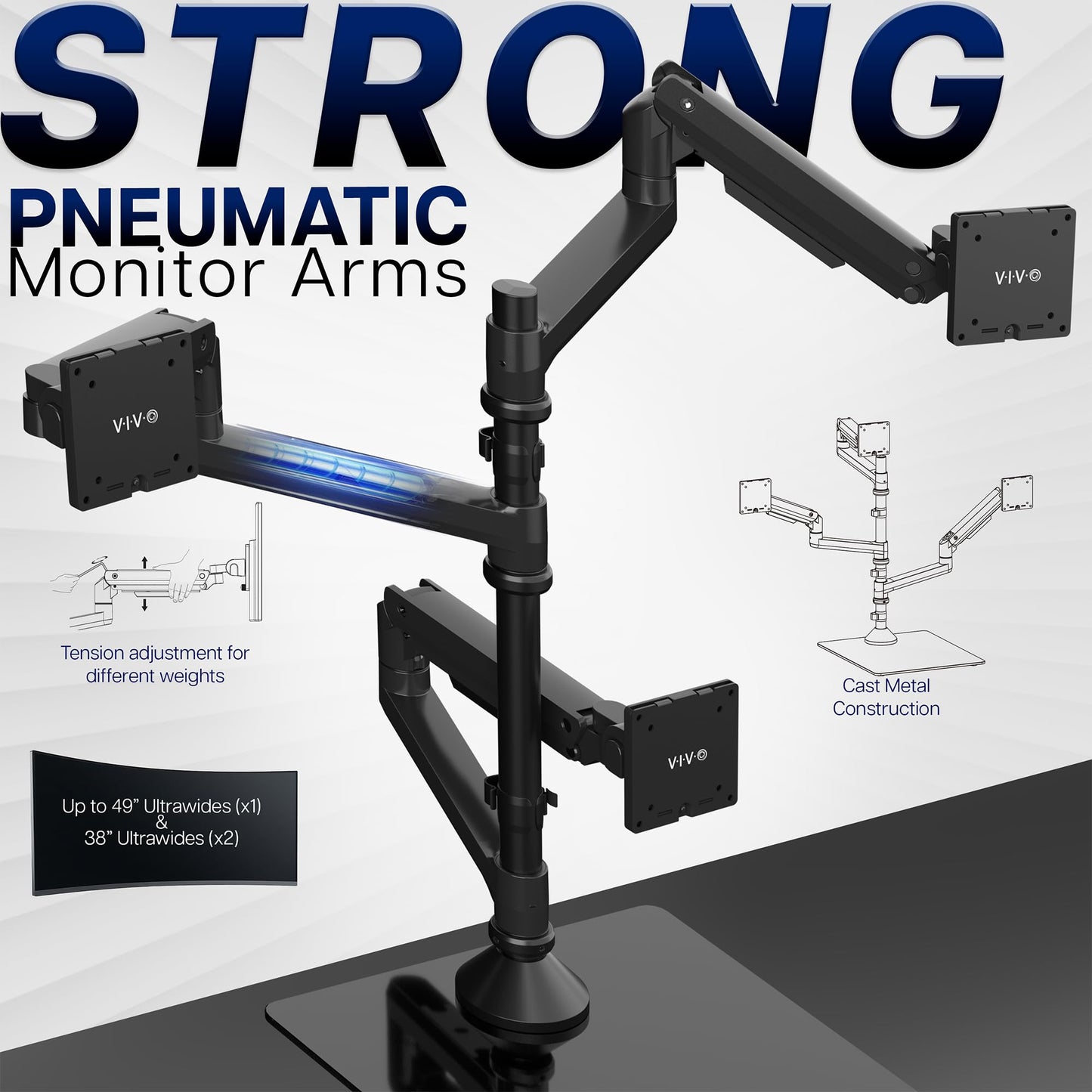 VIVO Pneumatic Arm Triple Ultrawide Monitor Desk Stand for Up to 49 inch Screens with Tempered Glass Base, Holds 3 Ultra Wides Up to 33 lbs Each
