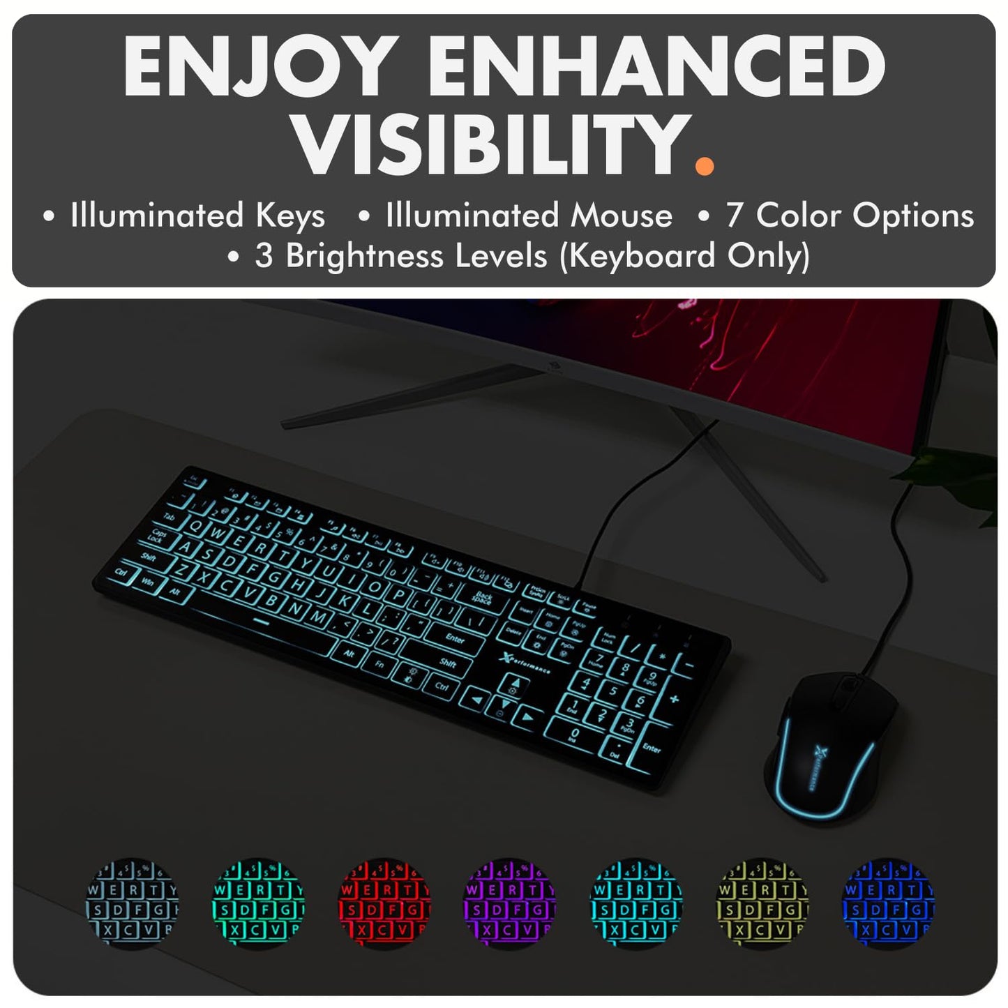 X9 Wired Keyboard and Mouse Combo - Large Print Backlit Keyboard and Mouse for Elderly, Low Vision, Visually Impaired - 7 LED Light Up Color, Lighted