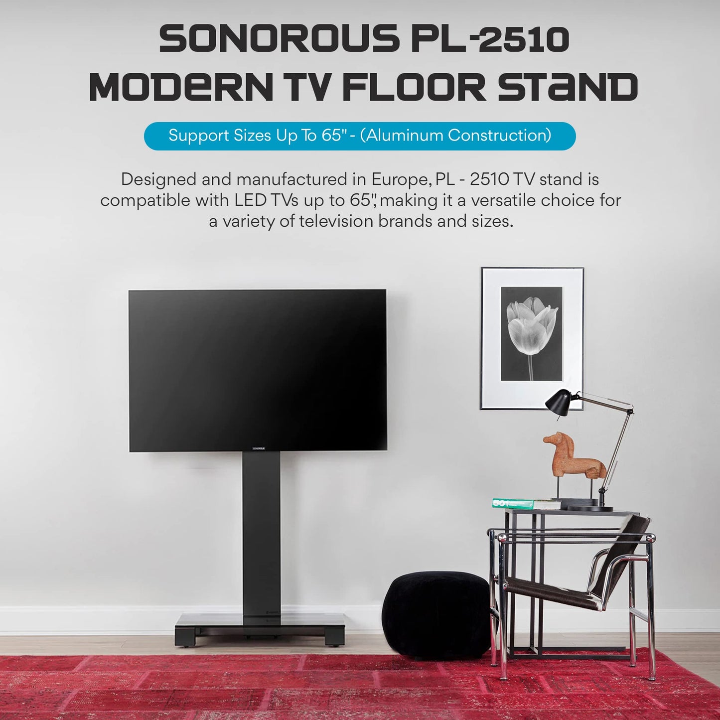 SONOROUS PL-2510 Premium TV Stand for Living Room & Bedroom - Modern Luxury Floor Stands with Swivel Mount & Tempered Glass Base - Universal
