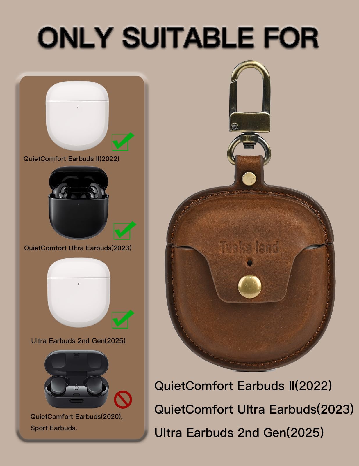 Tusks Land for Bose QuietComfort Ultra Case (2023) & for Bose QuietComfort Earbuds II (2022),Bluetooth Earphone Protective Cover Genuine Leather