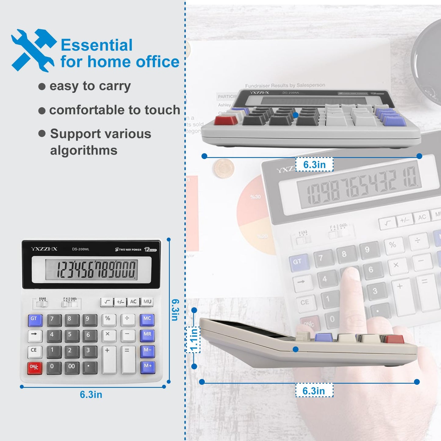Desk Calculator 12 Digit Extra Large 4.3-Inch LCD Display, Two Way Power Battery and Solar Calculators Desktop, Big Buttons Easy to Press Used as
