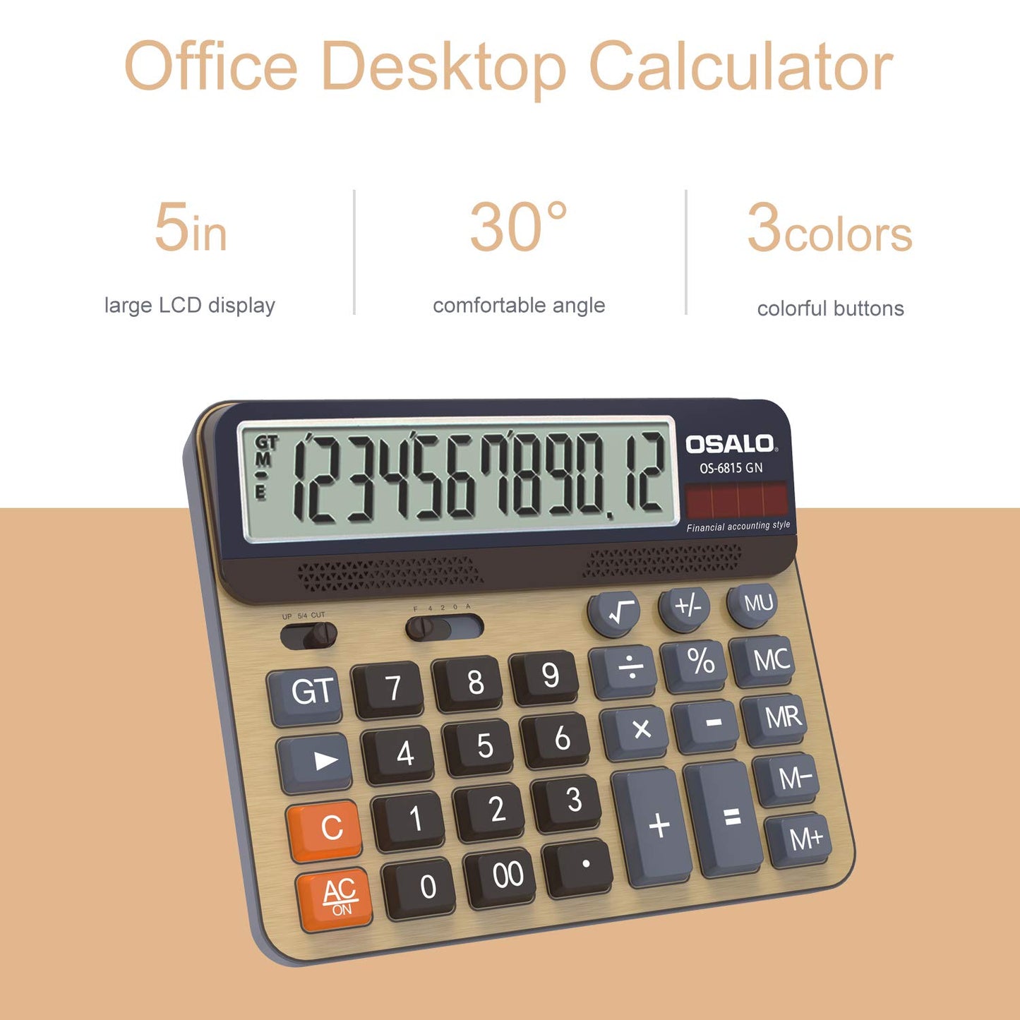 Desktop Calculator Extra Large 5-Inch LCD Display 12-Digit Big Number Accounting Calculator with Giant Response Button, Battery & Solar Powered