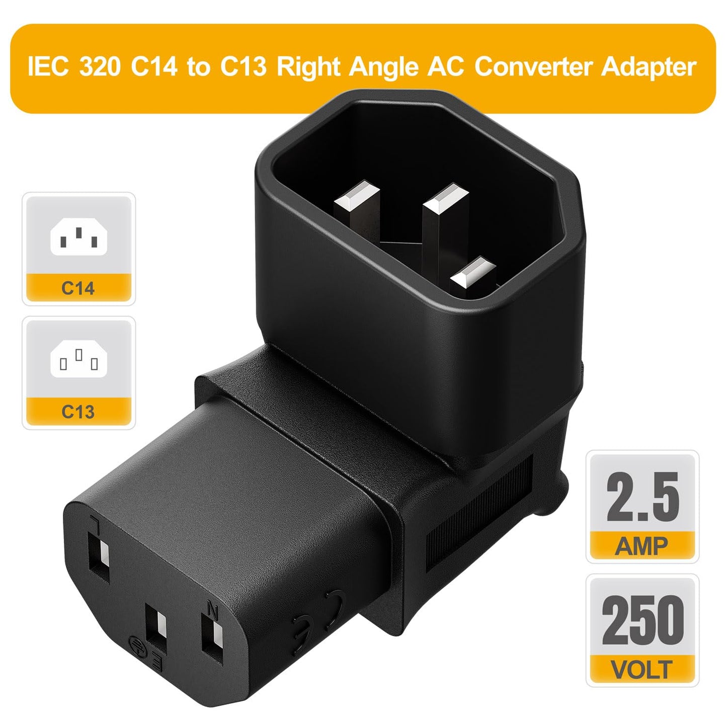 Vellcon [2Pack] Right Angle c14 to c3, C14 to C13 Power Adapter PDU Plug, Right Angle iec Male Female Adapter, iec c14 to Right Angle c13