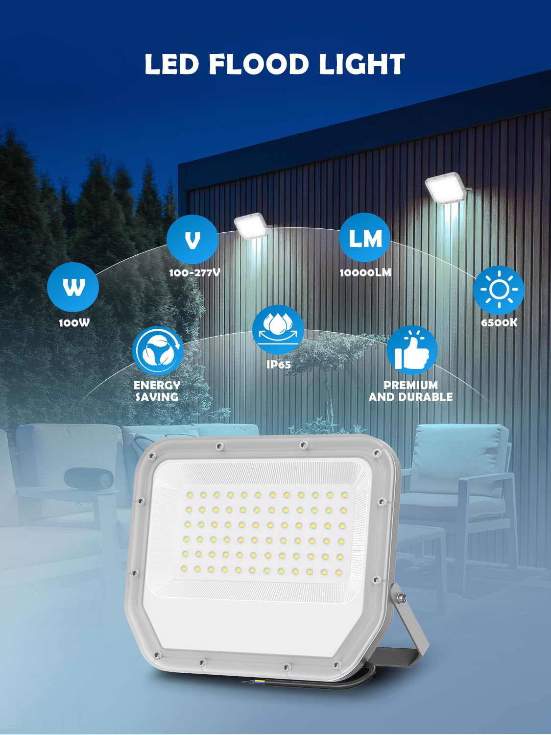 ELEKICO 2 Pack Super Bright 6500k 10000lm LED Flood Lights Outdoor,100w Led Outside Lights for Yard Outdoor Waterproof Work Lighting Floodlight