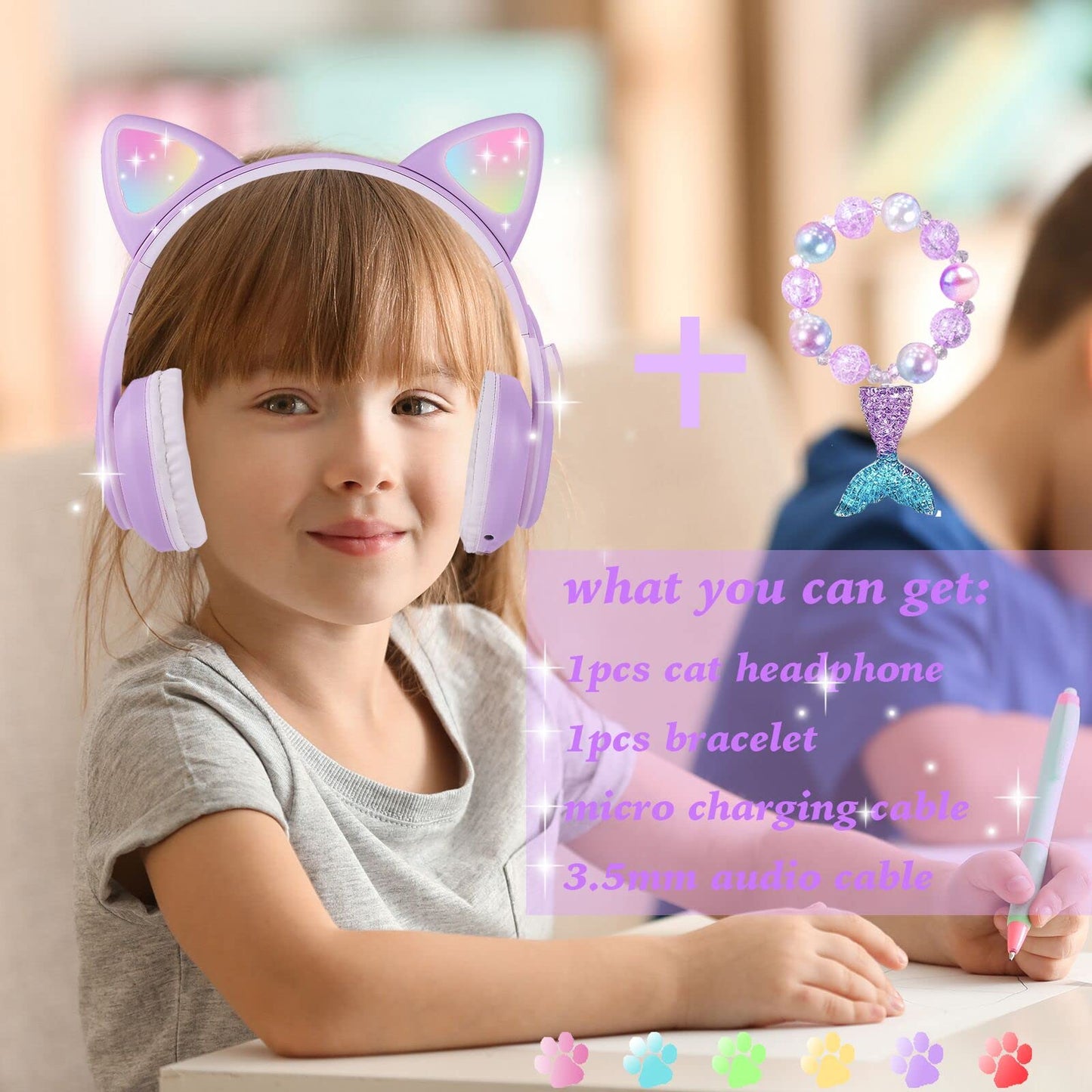 kuyaon Wireless Cat Ear Headphones for Kids, LED Light Up Kids Girls Bluetooth Headphones with Microphone
