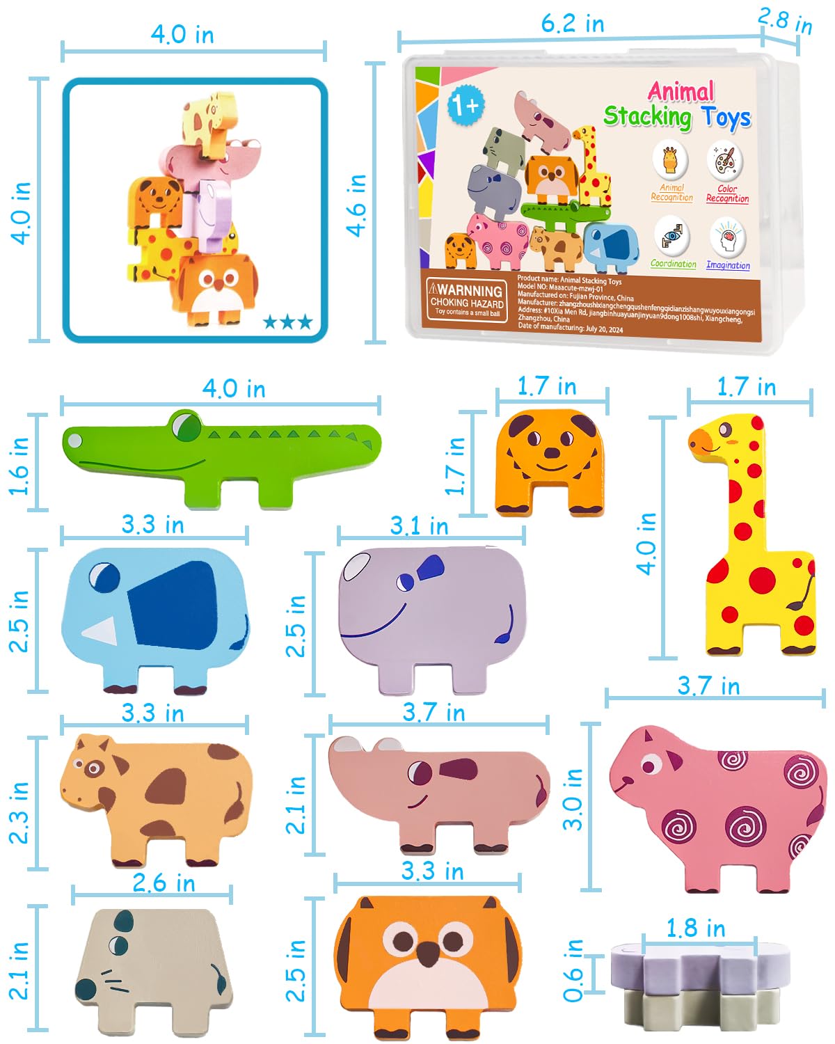 Maaacute Montessori Toys – 10pc Wooden Animal Blocks Sorting & Stacking Puzzles for Toddlers Ages 1-4, Educational Birthday Gift