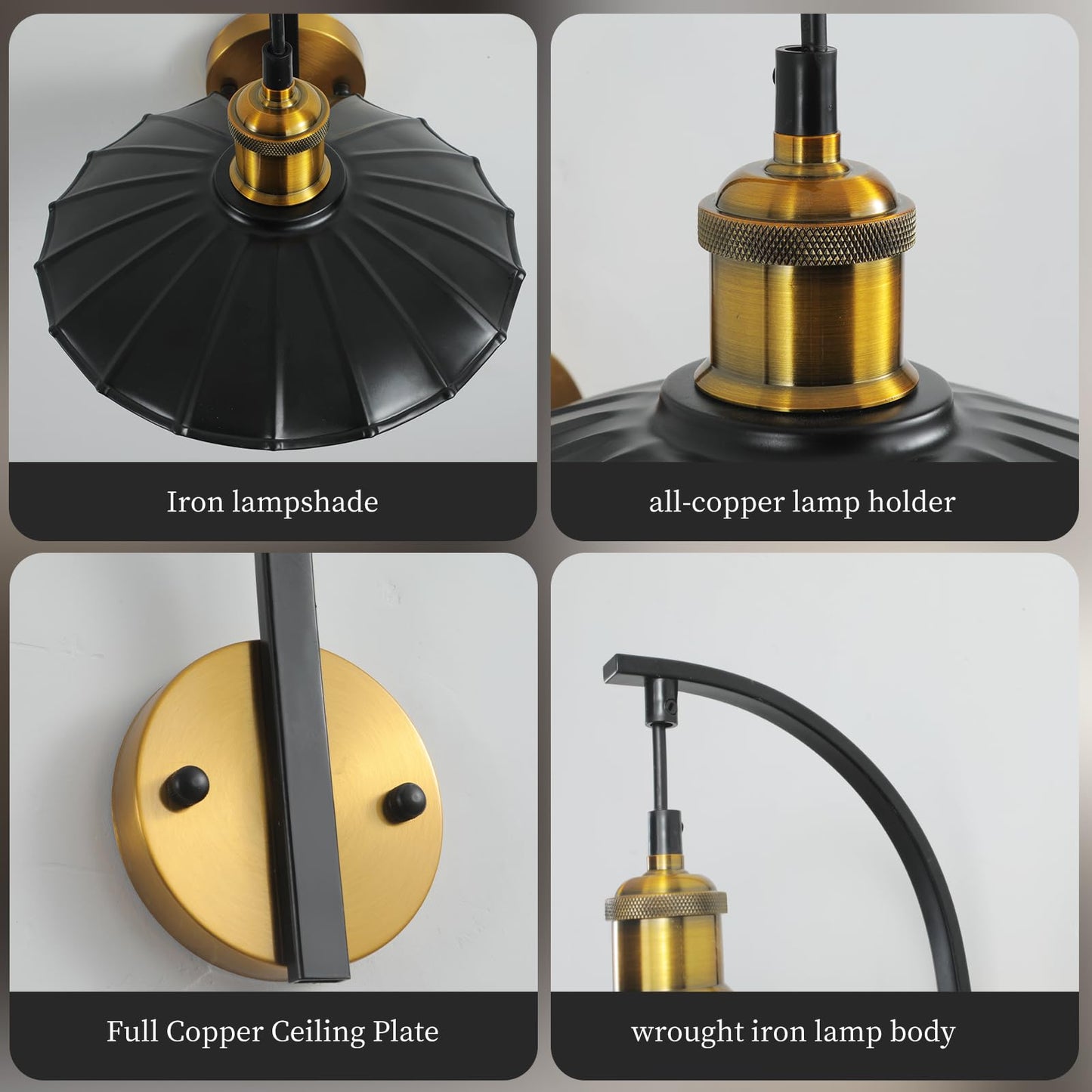 HOREVO Industrial Wall Sconces, Vintage Wall Light Fixtures with Scalloped Metal Shade, Matte Black & Gold Wall Mounted Lamp for Bedroom, Farmhouse