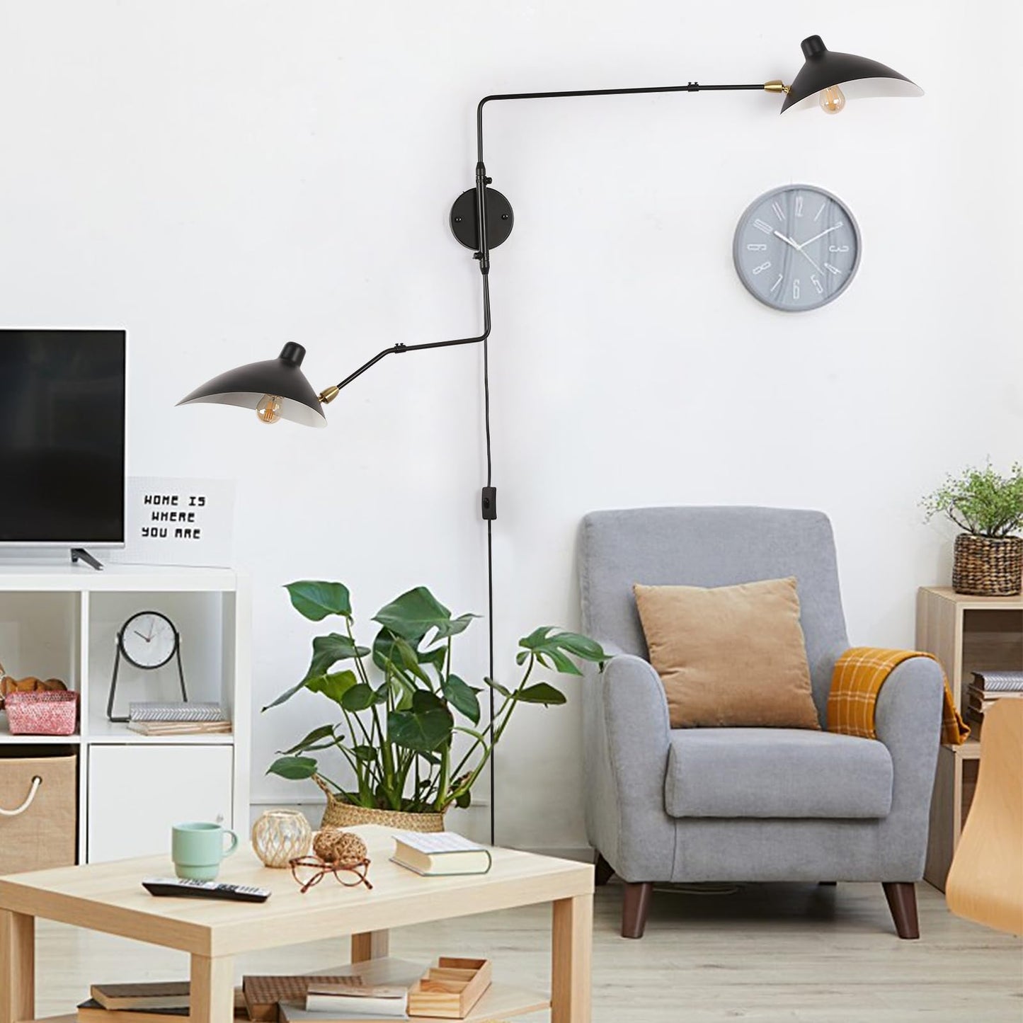 Modern Swing Arm Plug In Wall Lamp, Adjustable Industrial Wall Sconces For Bedroom Bedside, Retro Cordless Beetle-Shade Wall Light Fixtures For Living
