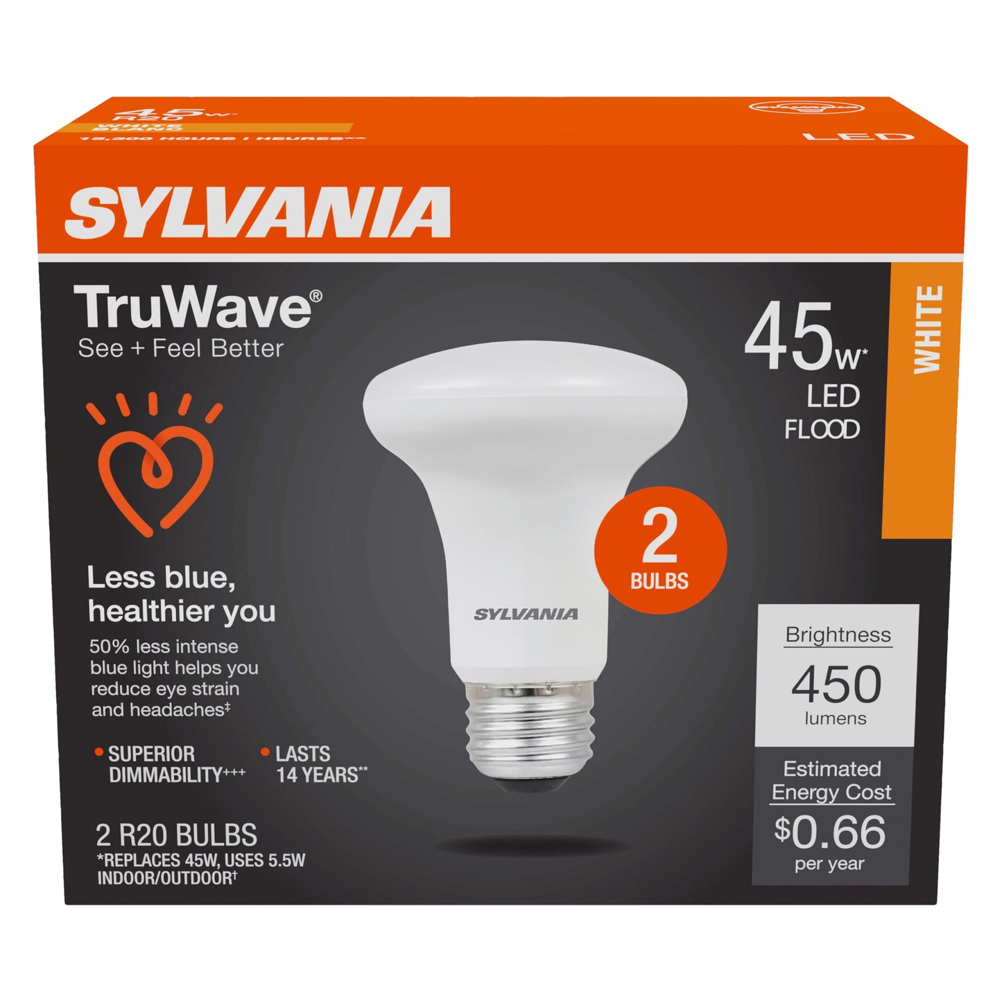 Sylvania LED TruWave Natural Series R20 Light Bulb, 50W Equivalent Efficient 5W, Dimmable, Frosted, 3000K, Neutral White - 2 Pack (40789)