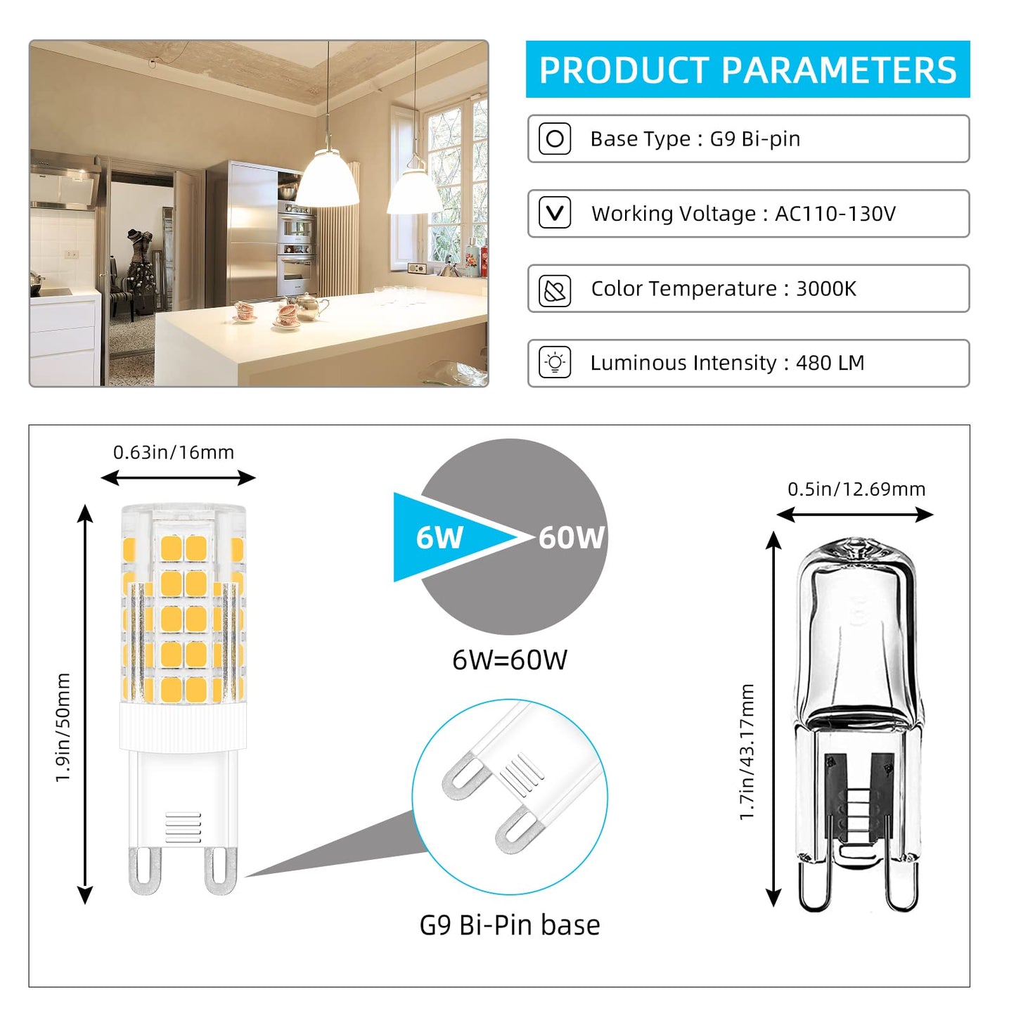 TZHILAN G9 Dimmable LED Bulb 6W 120V Warm White 3000K 5-Pack