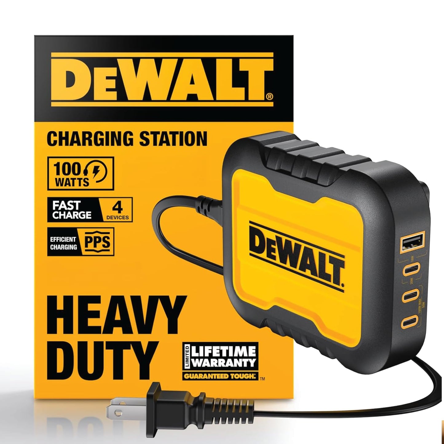 DEWALT Heavy Duty 4 Port USB C Charger Block, 100W USB C Charger Intelligent Power Sharing, 6ft Power Cord, Charge 4 Devices Compatible w/DEWALT 20V