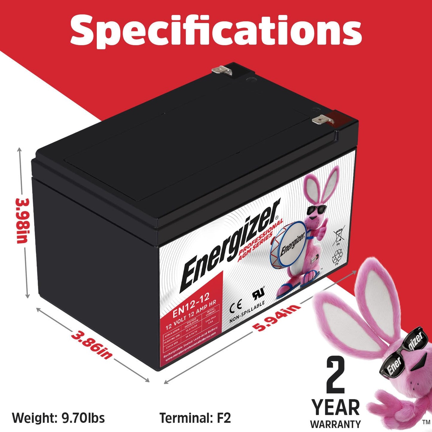 Energizer EN12-12, 12 Volt 12 Amp Hr, Long Lasting Sealed Lead Acid AGM Rechargeable Battery Ideal for Use in Backup Power, Kids Ride On, Electric…