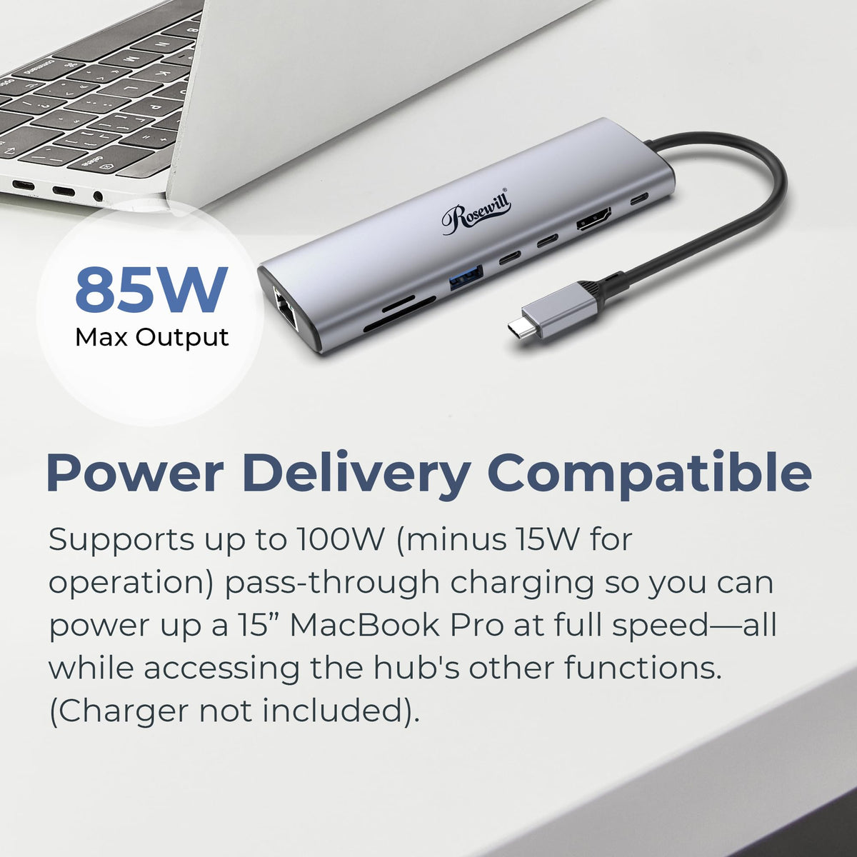 Rosewill 8-in-1 USB-C Hub with 4K HDMI 2.0, 10Gbps USB-A Ports for MacBook, Dell XPS, ThinkPad, HP Laptops - RHUB-M8