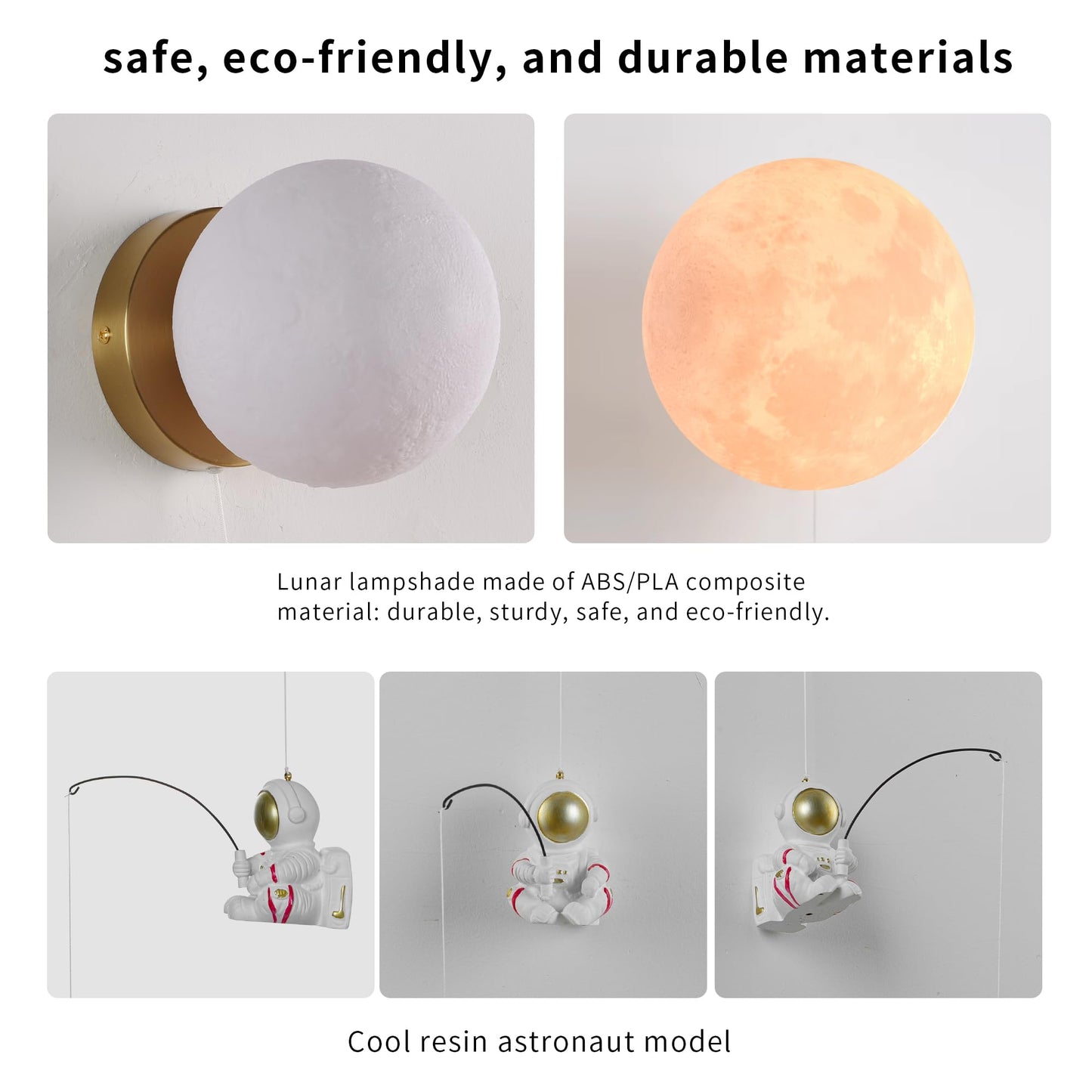 COSYLUX Cute Moon & Astronaut Wall Sconce - Modern Cordless 3D Printed Wall Light for Kids Room, Bedroom, Living Room with Brass Mount | 5.9" Moon