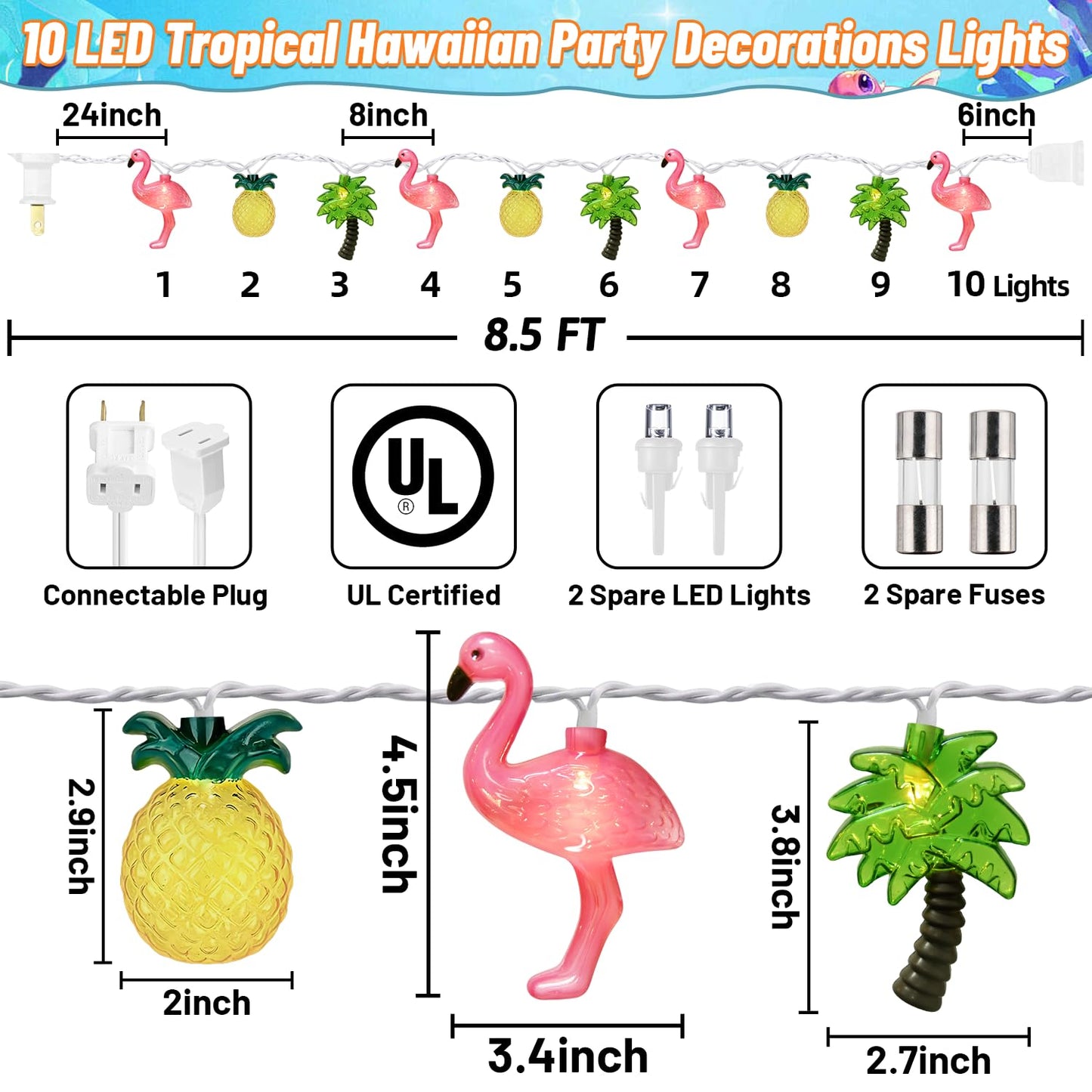 PASUTO Summer Beach Hawaiian String Lights, 10 LED Tropical String Lights, Hawaiian Tropical Beach Pool Party Decorations, Flamingo Pineapple Palm