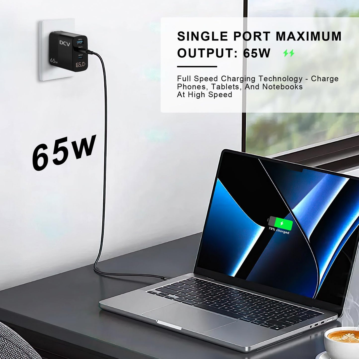 DCV 65W USB C Charger with 6.6ft C to C Cable, GaN 3-Port Fast Charging Block with LED Digital Display, PD/PPS/QC 3.0 Foldable Wall Charger