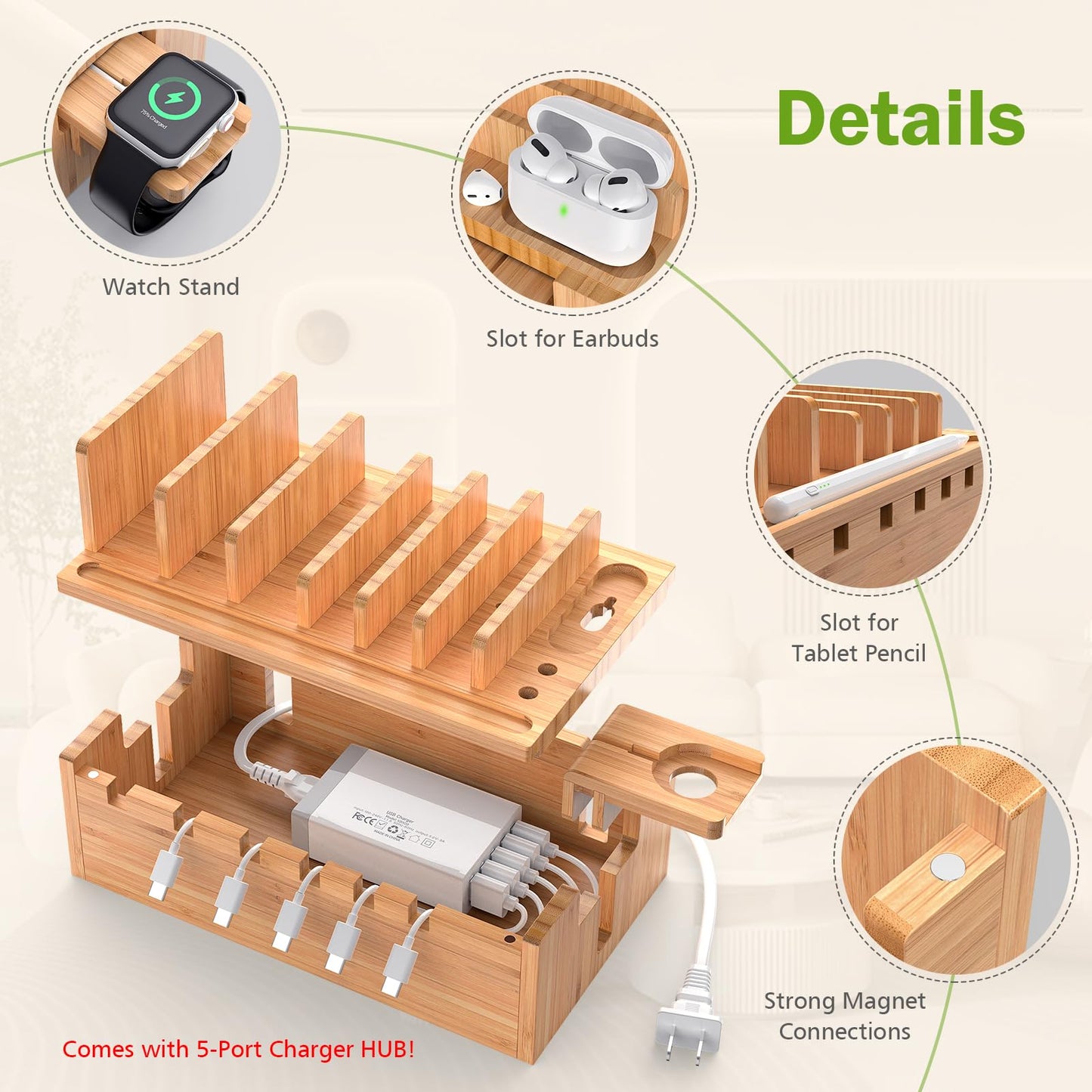 Pezin & Hulin Bamboo Charging Station for Multiple Devices with 5 Port USB Charger, 5 Cables and Watch Stand. Wood Desktop Docking Stations Organizer