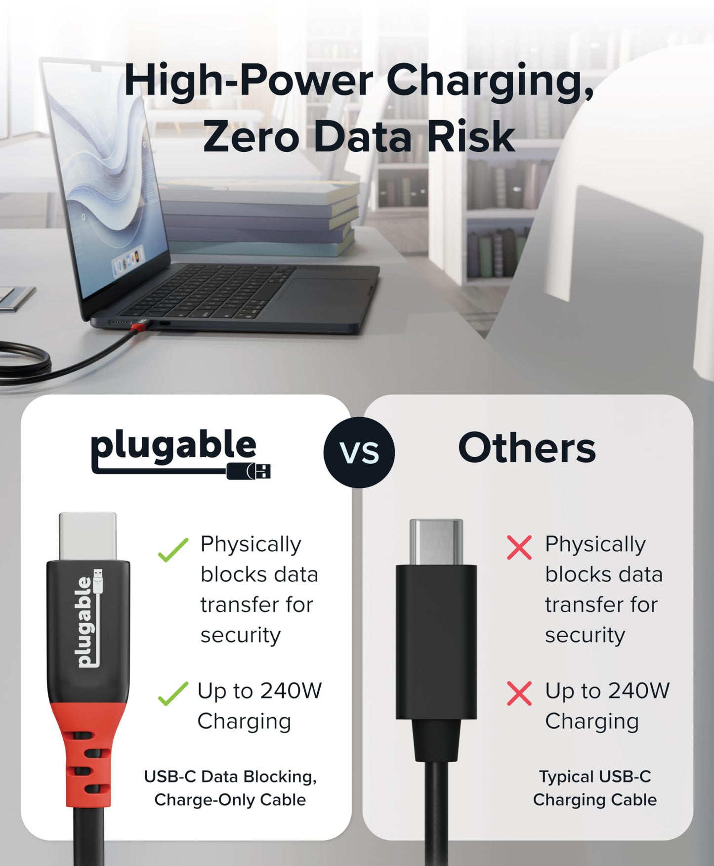 Plugable USB C to USB C Cable, Data Blocker Charge Only Cable (1m/3.3ft): 240W Safe Fast Charging for MacBook, iPhone 15/16, Galaxy S24, Steam Deck