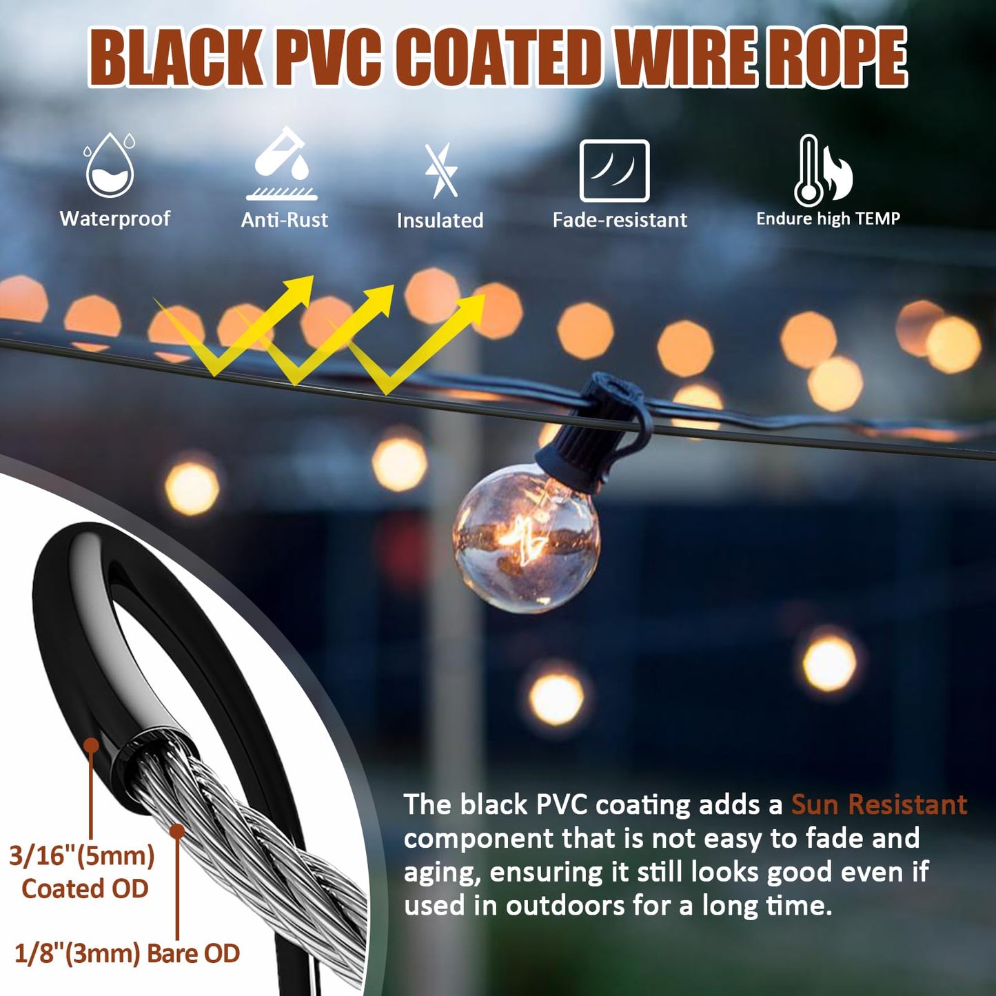 hannger String Light Hanging Kit Outdoor, Full Black Globe String Lights Suspension Kit w/ 50FT PVC Coated Steel Cable & Enough Accessories, Guide