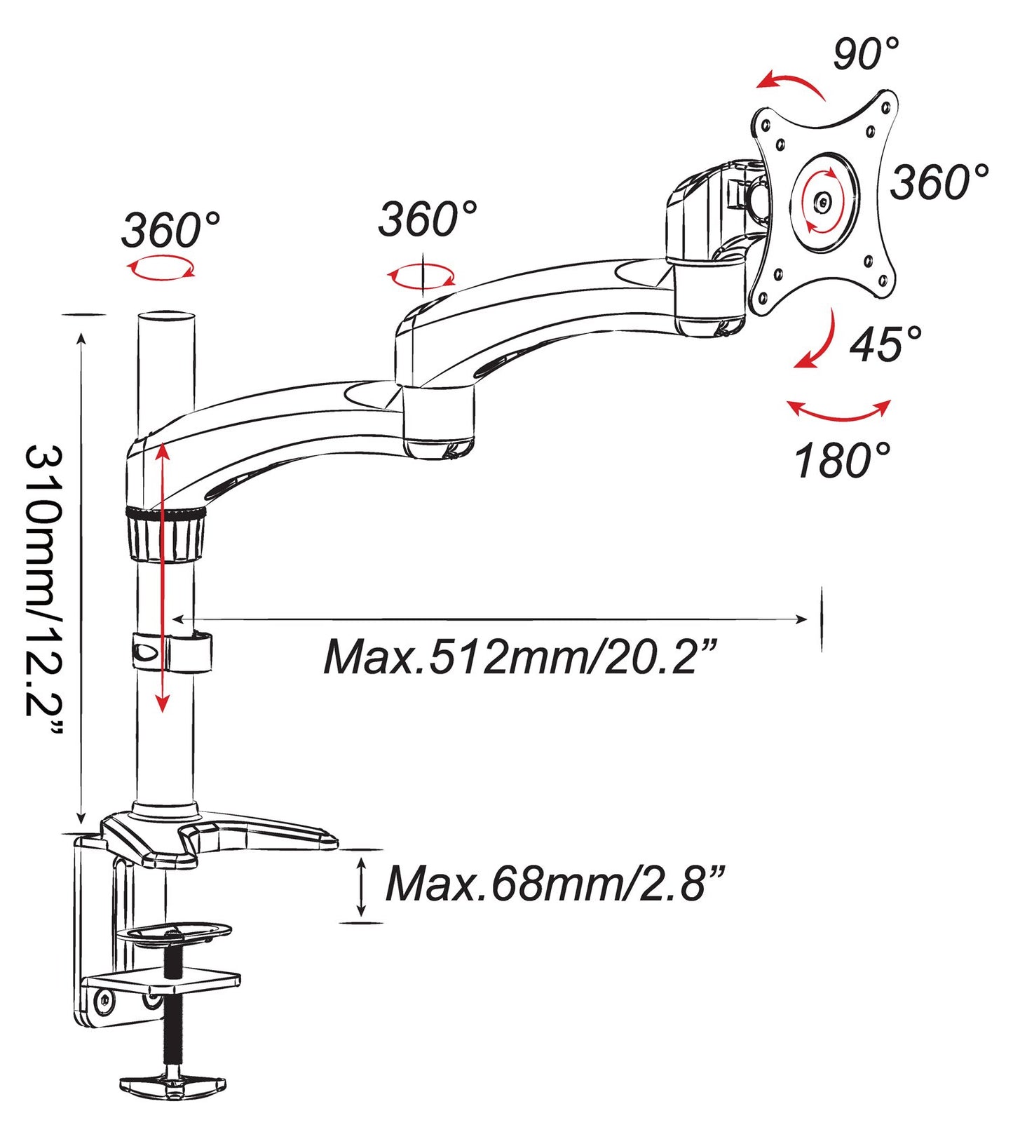2xhome -New Ergonomic Fully Height Adjustable Easy Articulating Tilting Black Desk Pole Mount Bracket Desktop Flat Panel Clamp Stand with Extension