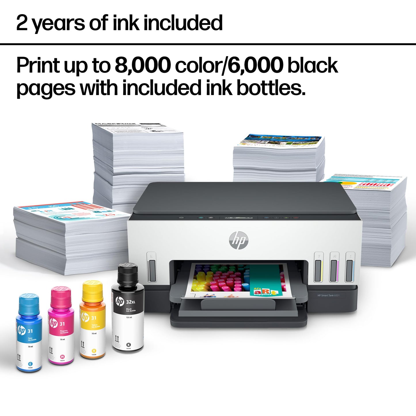HP Smart Tank 6001 Wireless All-in-One Ink Tank Printer, Scanner, Copier with 2 Years of Ink Included, Best-for-Home, Cartridge-Free Refillable