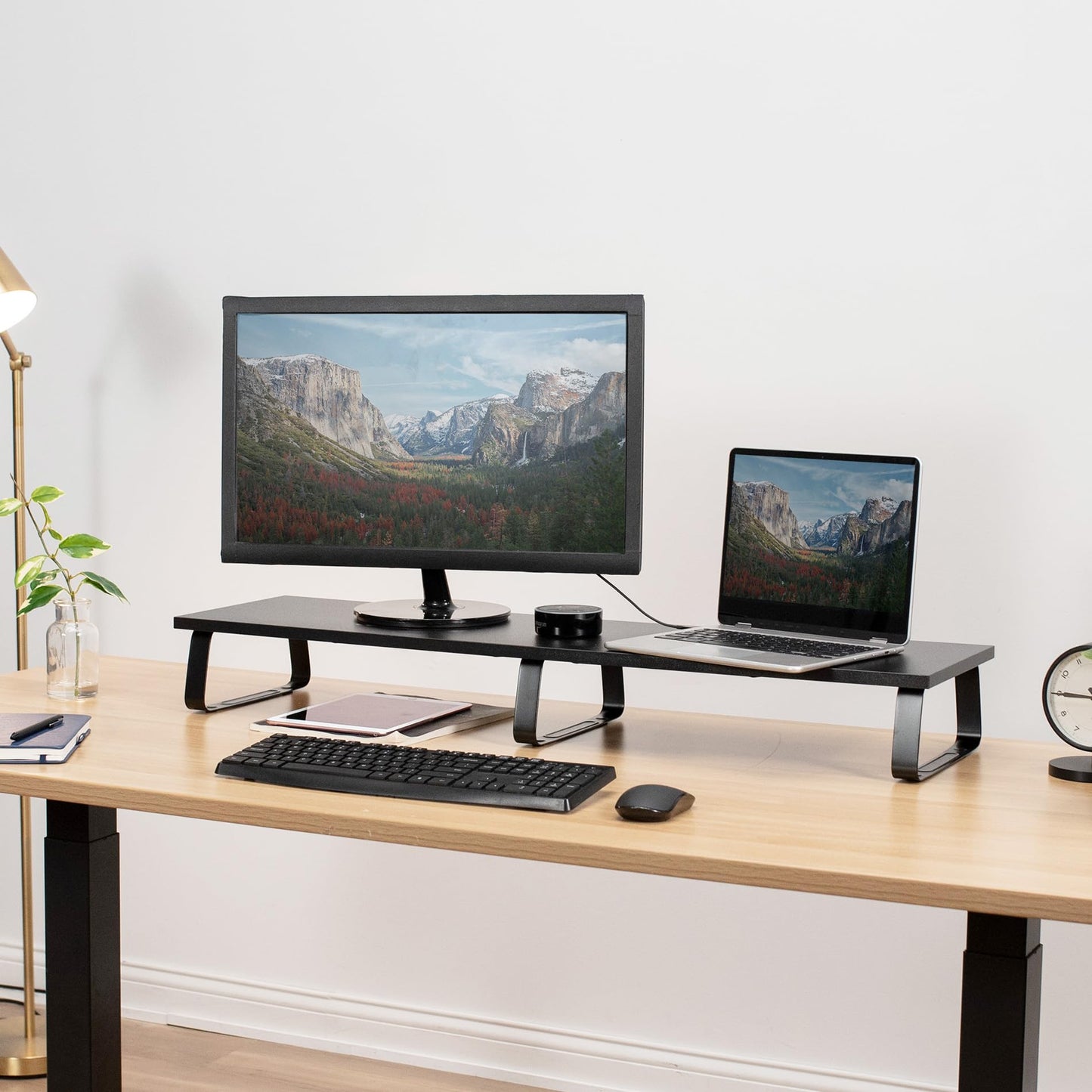 VIVO 39 inch Extra Long Monitor Stand, Wood & Steel Desktop Riser, Dual Screen, TV, Keyboard, Laptop, Ergonomic Desk and Tabletop Organizer, Black