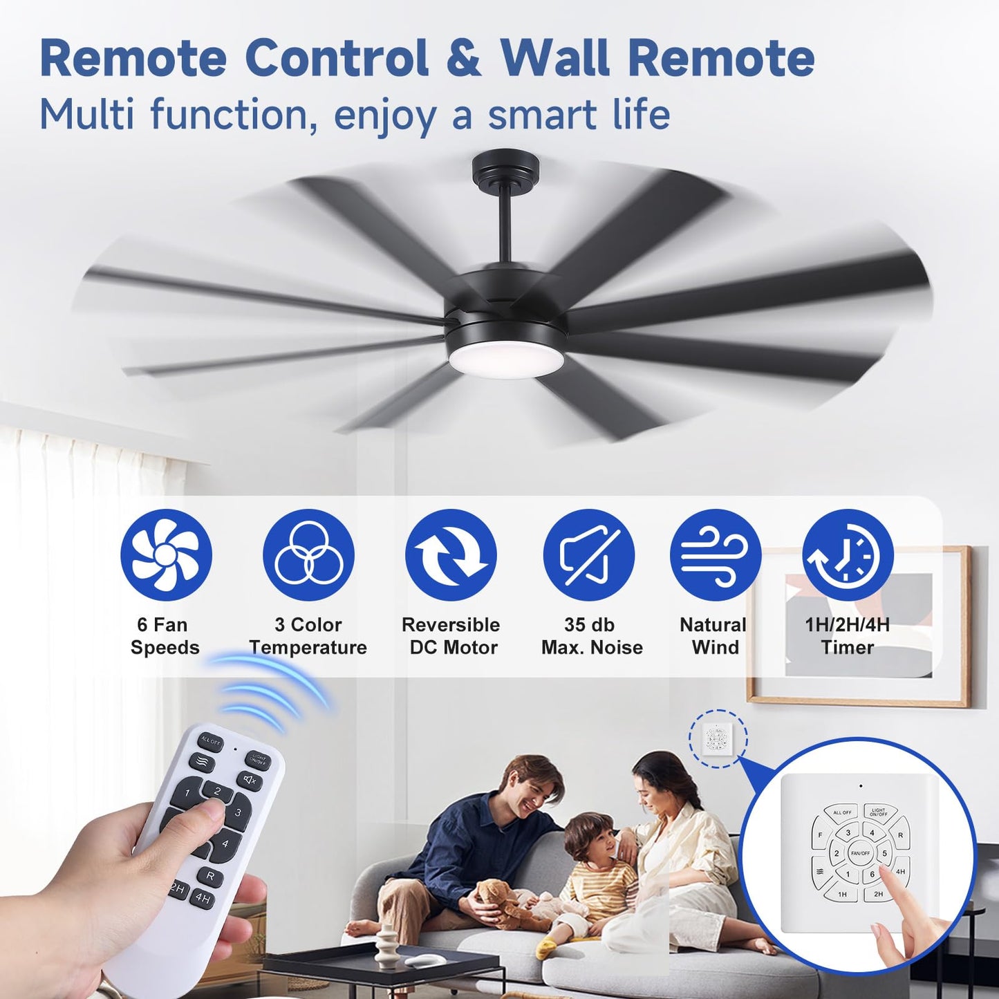 qlodgat 72 Inch Ceiling Fans with Lights, Ceiling Fans with Lights and Remote, Dimmable, Indoor/Outdoor Black Modern Ceiling Fan for Kitchen Living