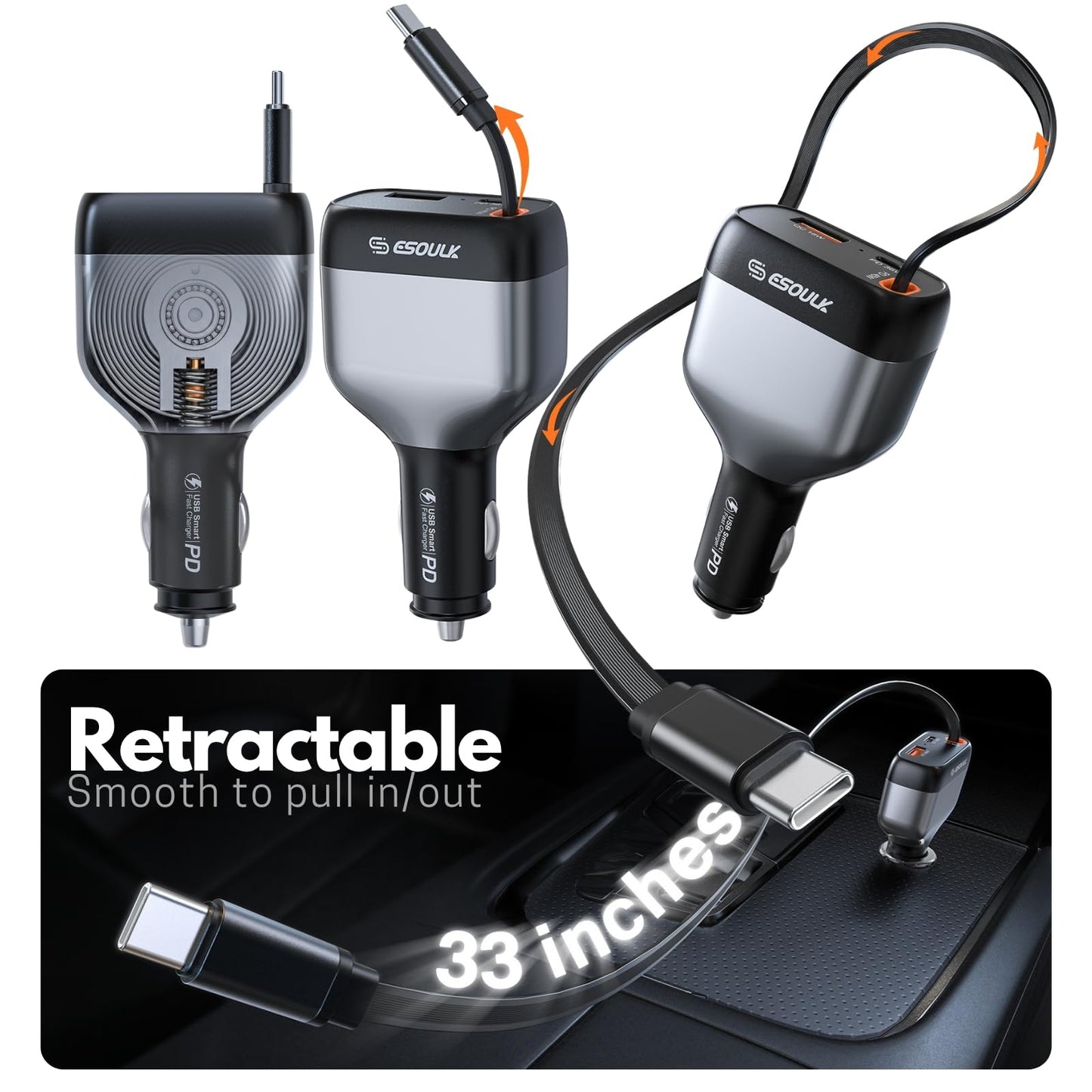 [Esoulk] 81W Retractable Car Charger, 3-Port USB C & USB A Fast Charging Adapter with Built-in 45W Cable for iPhone 17/16/15, for Samsung Galaxy, iPad
