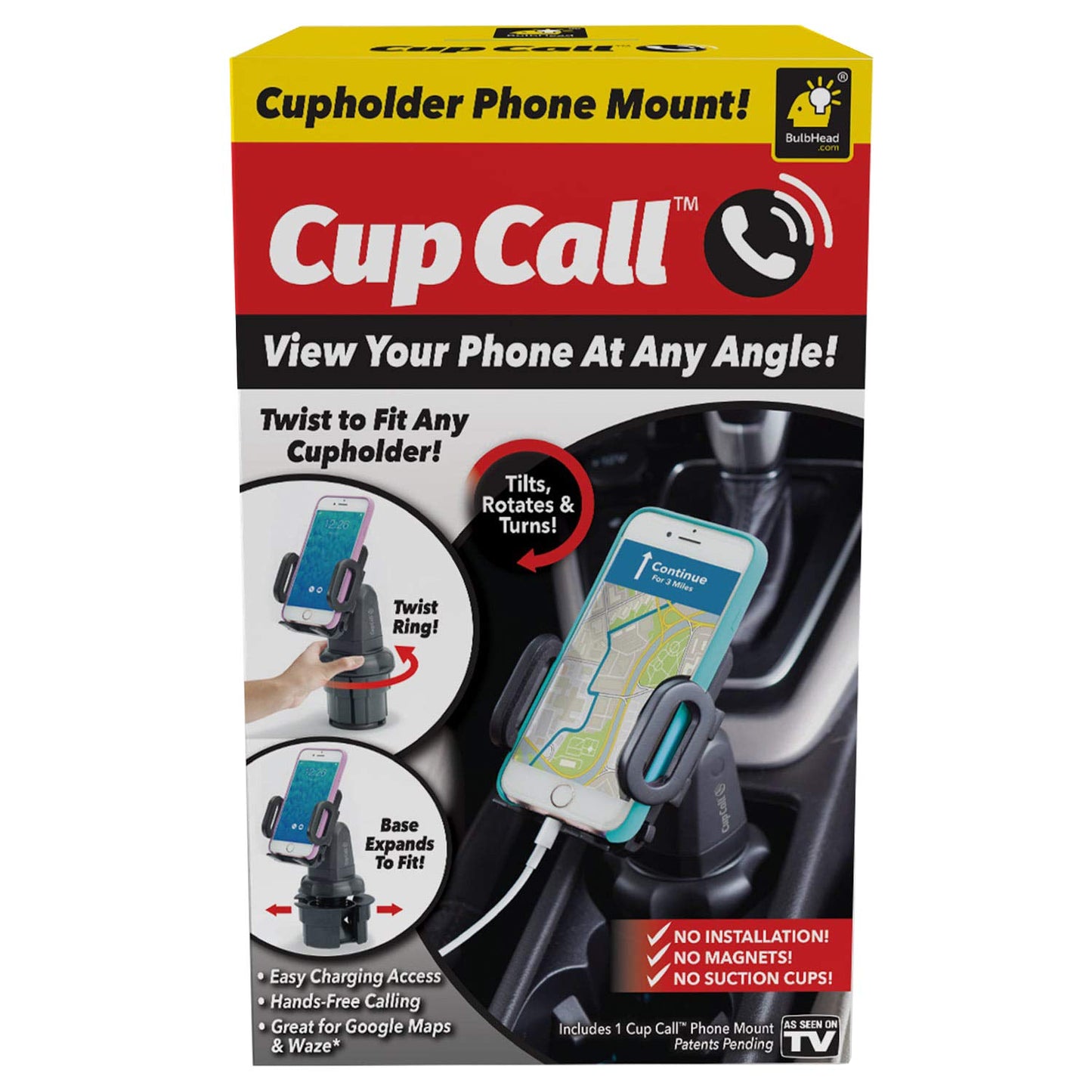 BulbHead Official As Seen On TV Cup Call Cup Holder Phone Mount for Car Adjustable Cell Phone Holder Fits Any Phone in Any Cup Holder - Rotates 360°
