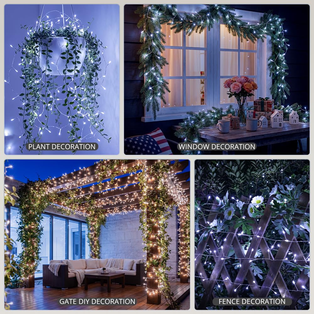 PCORES 20FT 200LED Solar String Lights, Outdoor Waterproof 8 Modes, Silver Copper Wire Firecracker Fairy Lights | Solar-Powered Decor for Patio