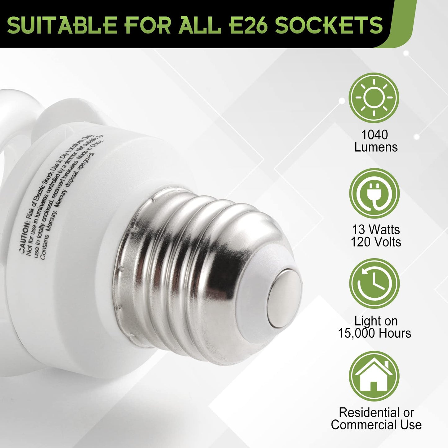 UNITEDLUX E26 Spiral CFL Light Bulbs Medium Base 13Watt (60Watt Equivalent) Soft White 2700K, 1040Lm Non-dimmable Compact Fluorescent Light, (3 Pack)