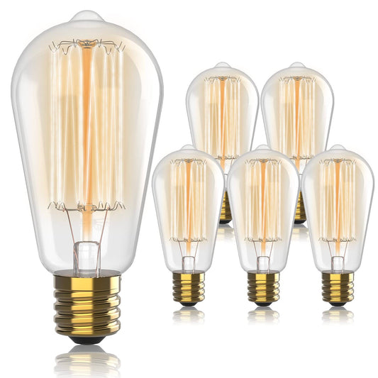Vintage Edison Incandescent Light Bulbs - 6-Pack 60W, E26/E27, Dimmable 2100K Antique Filament Lamp - ST64 Squirrel Design for Indoor & Outdoor Use