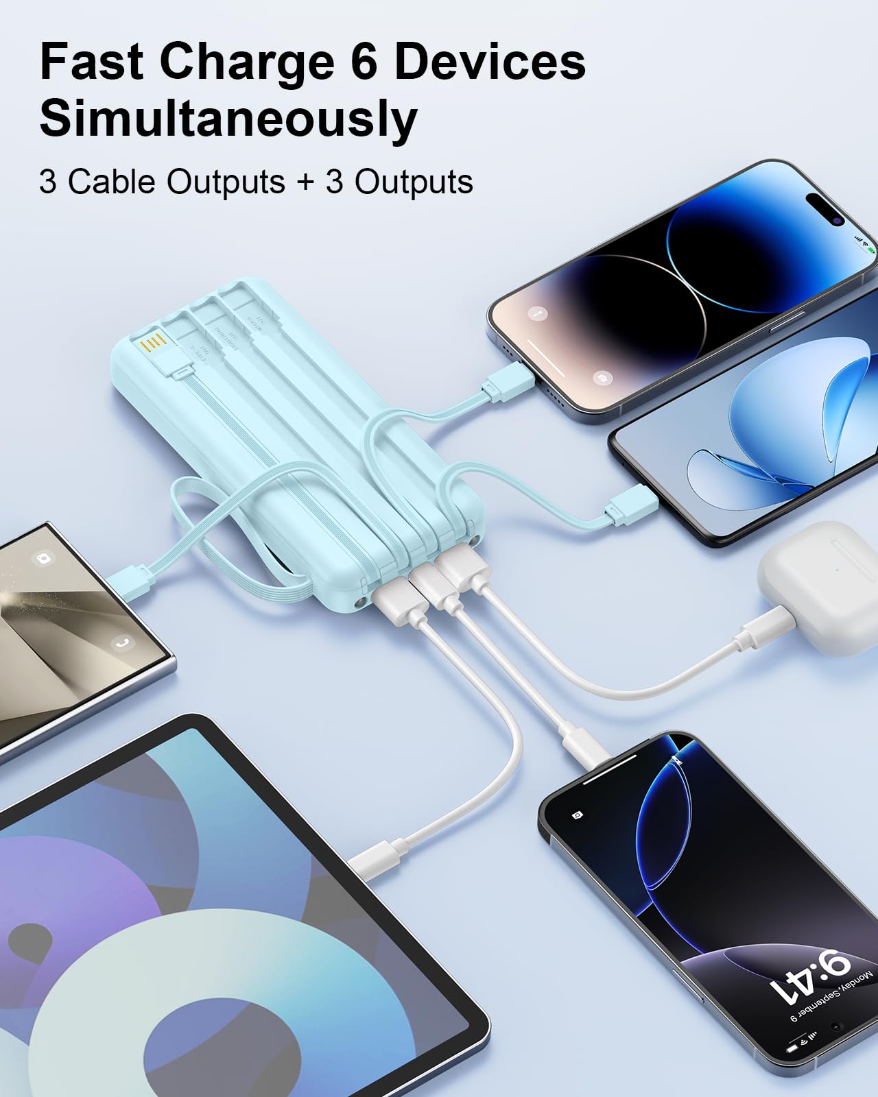 FlyKangaroo Portable Charger with Built in Cables, Slim 10000mAh Fast Charging 22.5W Power Bank USB C LED Display Battery Pack 6 Outputs & 2 Inputs