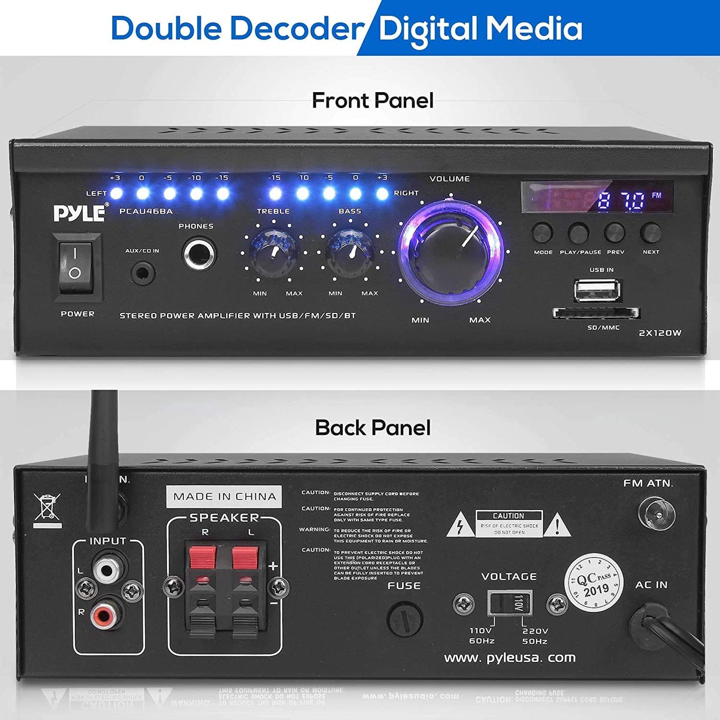 Pyle Home Power Amplifier with Bluetooth Wireless - 2 x 120 Watt Stereo Receiver w/ Blue LED Level Meter, FM Radio, USB-A Input w/ MP3 Player, SD Card