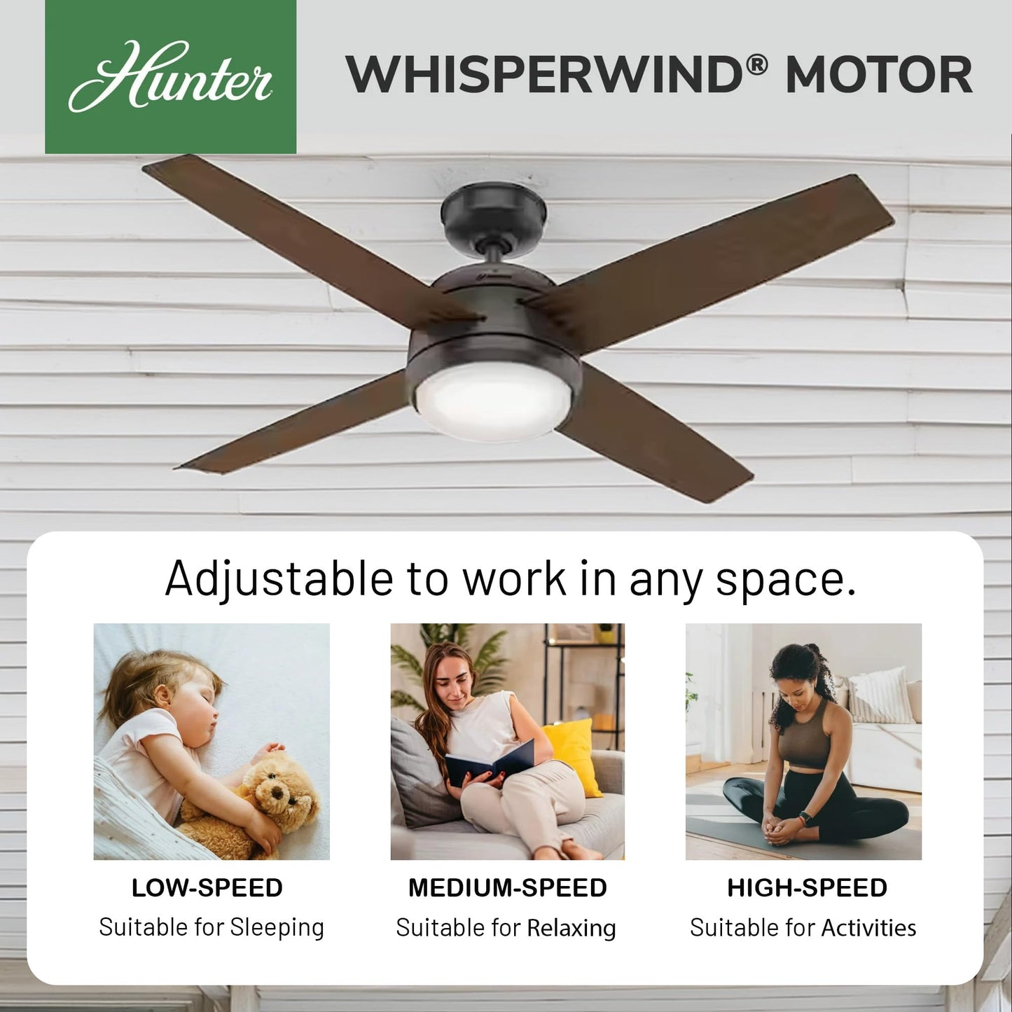 Hunter Fan 52 inch Ceiling Fan with Light, Outdoor or Indoor Noble Bronze Ceiling Fan for Porch, Living Room, Office, Kitchen, Garage, 4 Blades