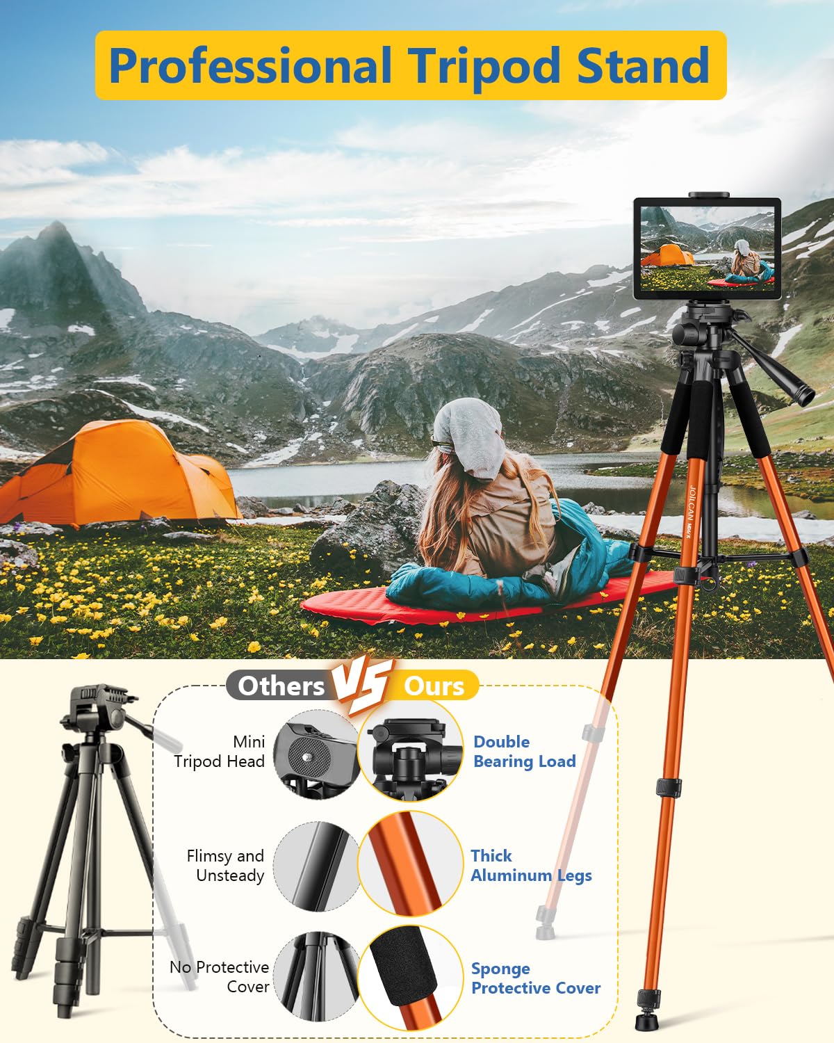 JOILCAN 67" Phone iPad Tripod, Professional Camera Tripod Stand for Tablet iPhone with 2-in-1 Holder & Carry Bag, Extendable Travel Tripod
