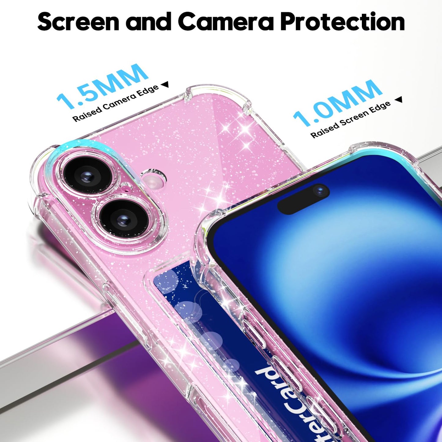 Svanove for iPhone 16 Wallet Case with Card Holder, Clear Glitter Cute Girly Credit Card Slot Case, Sparkly Sparkle Bling Thin Slim Silicone