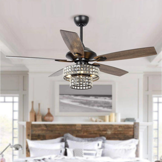 Vaczon 52 Inch Ceiling Fan with Light & Remote - Farmhouse Caged Fandelier, Crystal Mosaic Style Ceiling Fan with 6 Speeds,Reversible