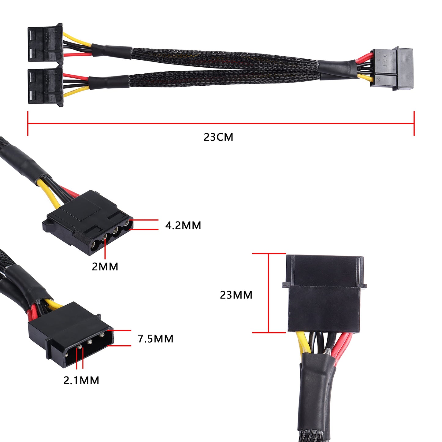 XMSJSIY 4 Pin IDE Y Splitter Adapter Connecter Cable 4 Pin IDE Male to Dual Female Power Supply Extension Cable-23cm/9inch 2 pcs