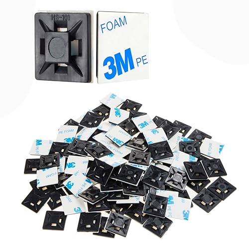 XHF 200 PCS 1/2" Black Self Adhesive Cable Zip Tie Mounts Wire Cable Clips Holders Management Anchors Organizer Holders Squares(HS-100)