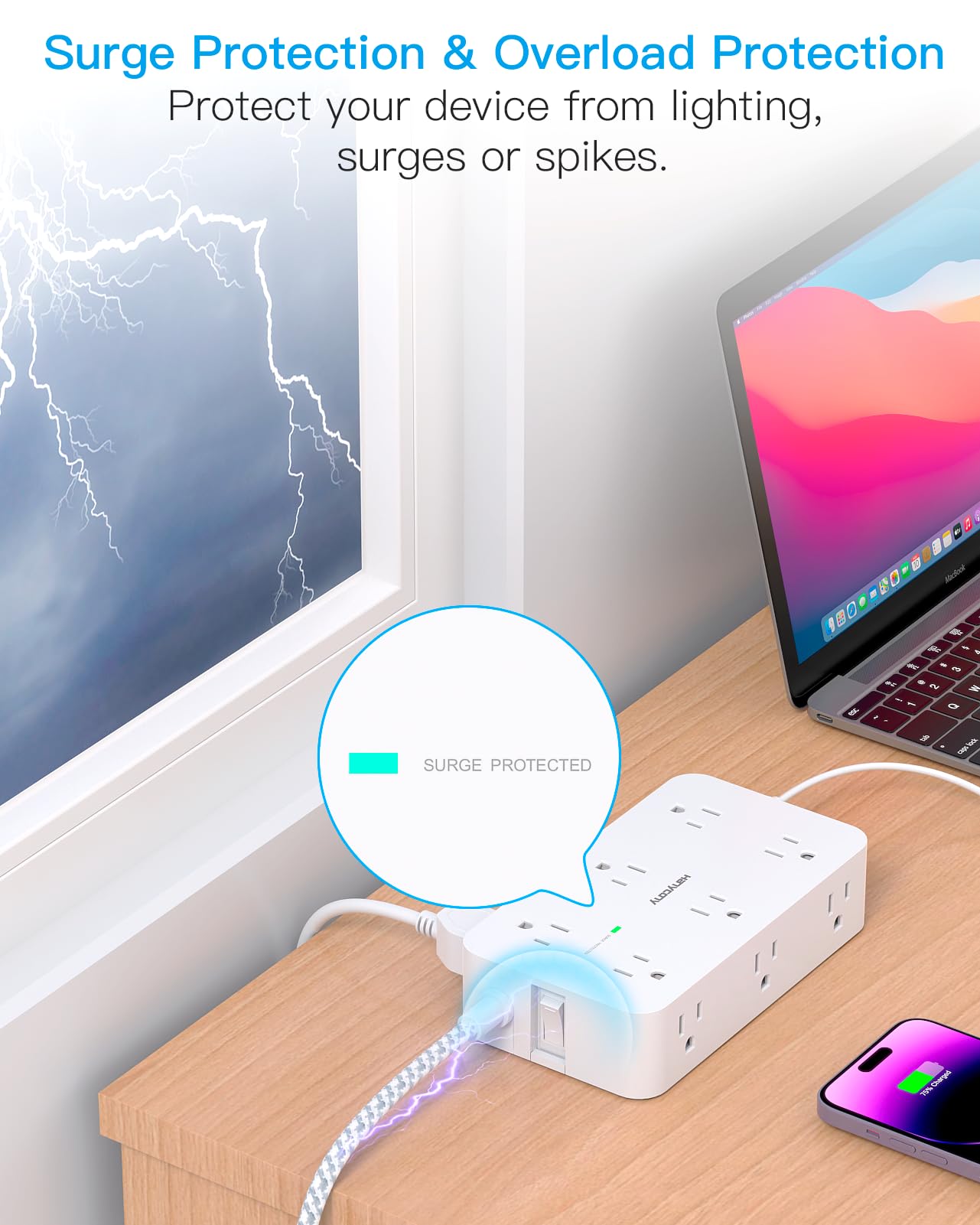 Power Strip Surge Protector, HANYCONY 12 Multiple Outlets 4 USB Ports (2 USB C), 5Ft Braided Extension Cord Flat Plug, Overload Surge Protection, Desk